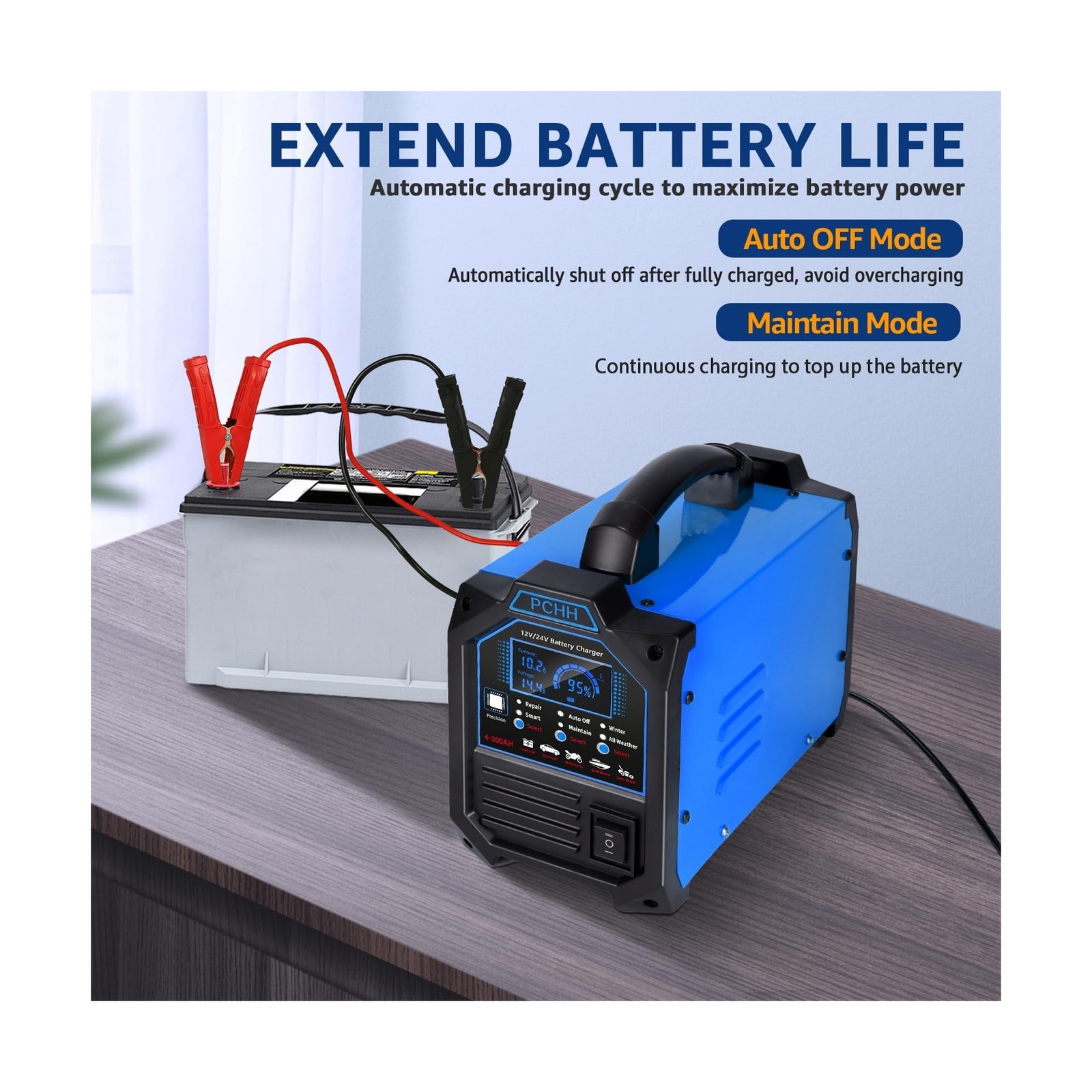 PCHH 12V 24V Car Battery Charger Heavy Duty, 0-15A Automatic Battery Maintain…