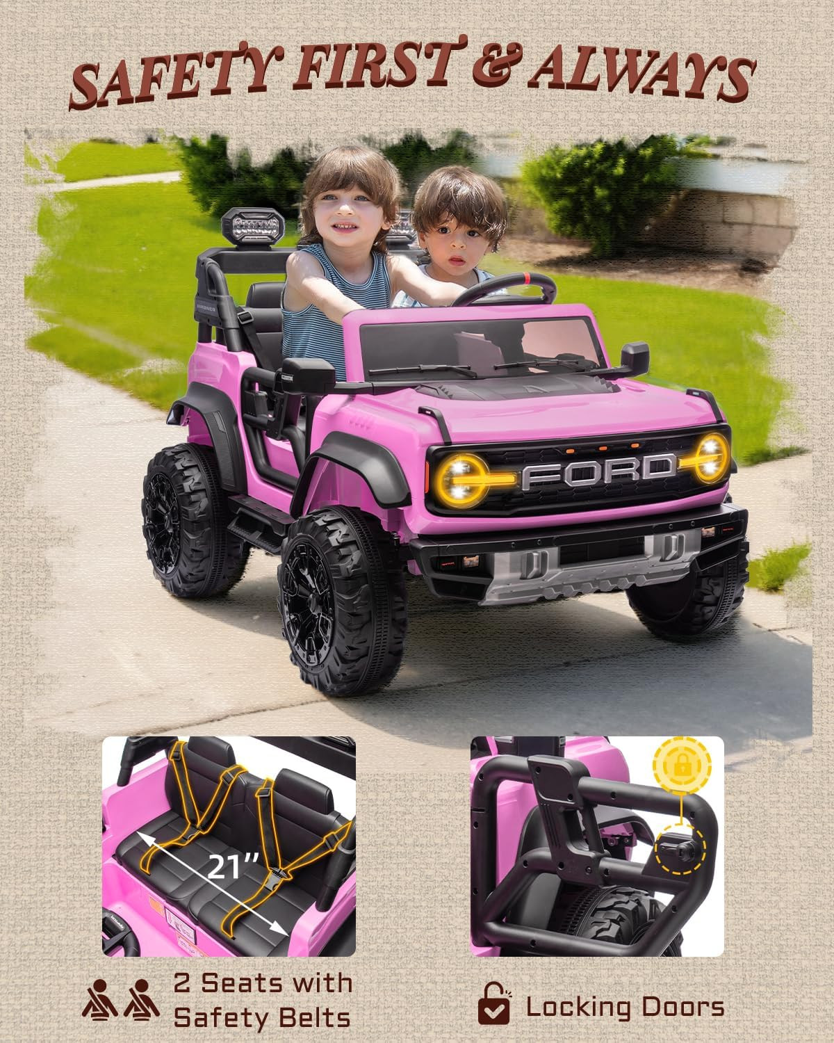 24V Ride on Toys for Big Kids, Licensed Ford Bronco Raptor 2 Seater Ride on Cars