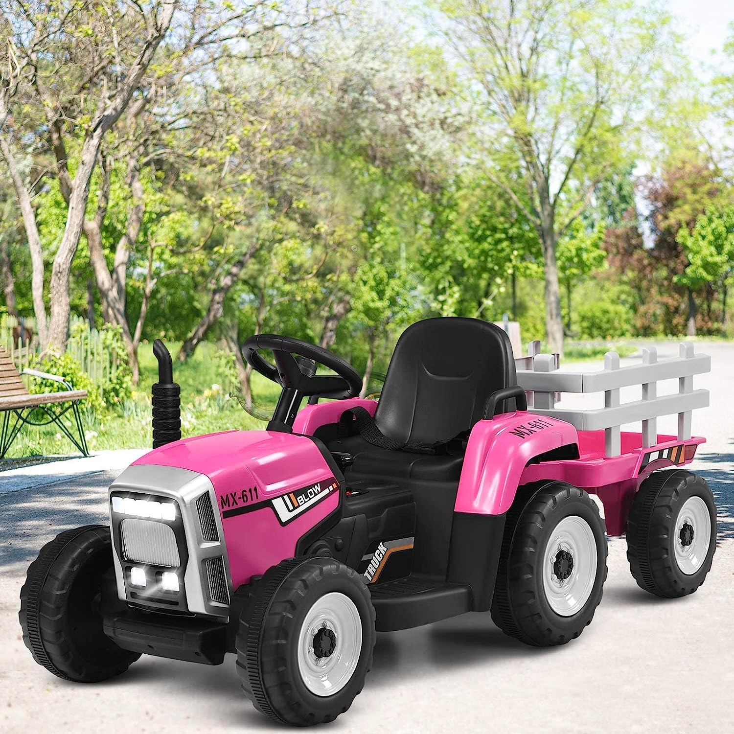 12V Kids Ride On Toys Tractor Battery Powered Electric Car with Trailer LED USB
