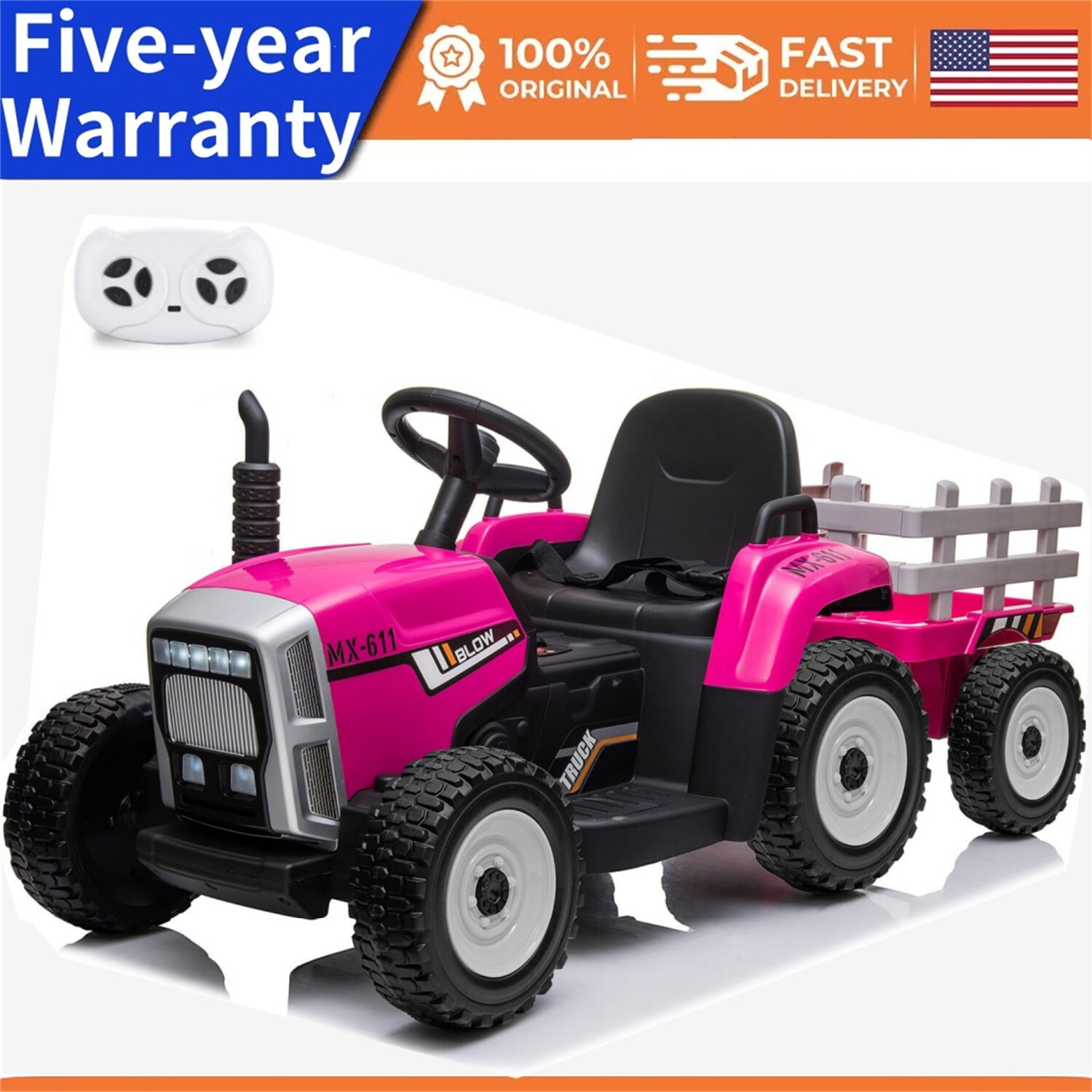 🍒Kids Ride On Tractor 12V Battery Powered Electric Tractor with Trailer Music 3