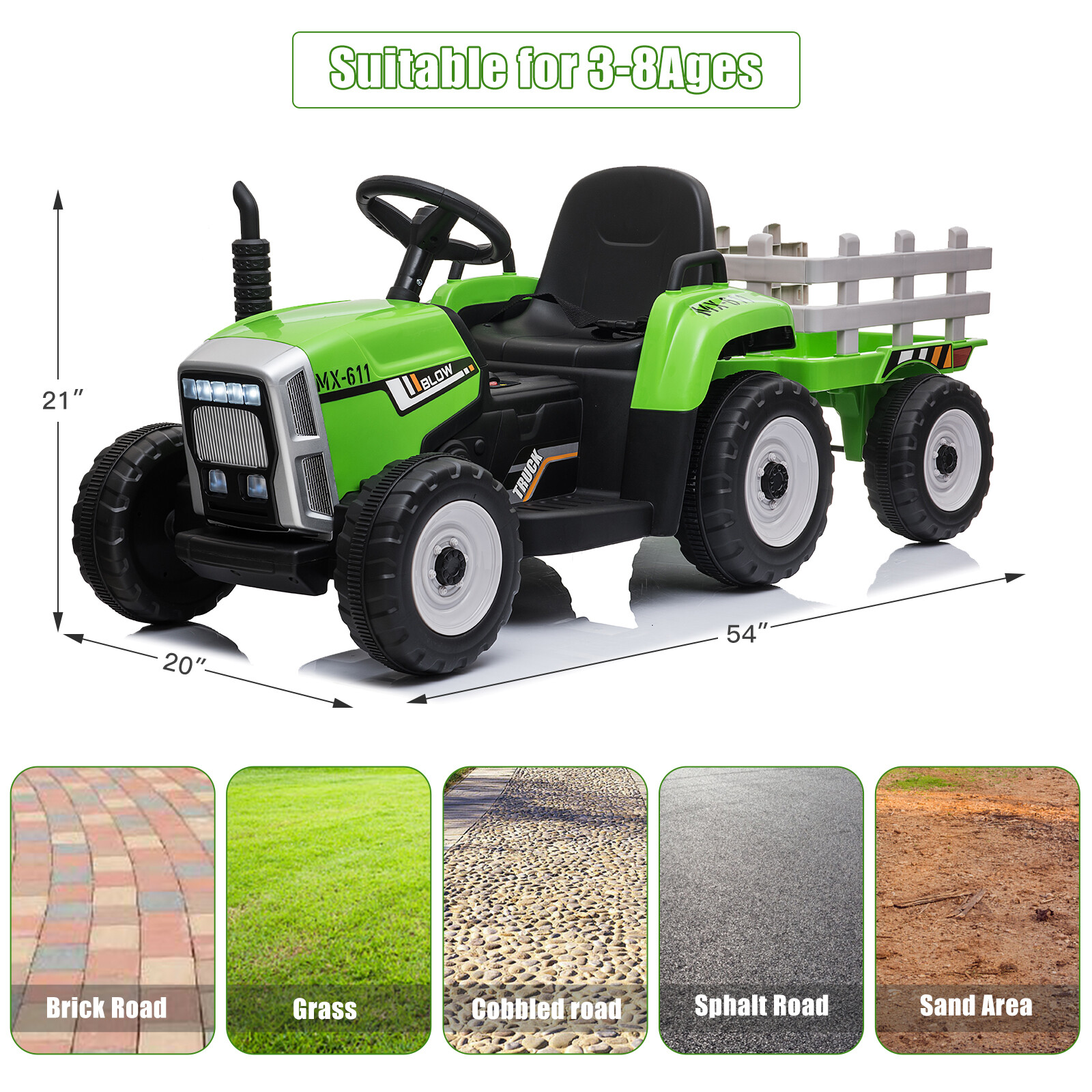 Kids Electric Ride On Tractor Battery-Powered 12V w/Trailer Remote Xmas Gift Toy