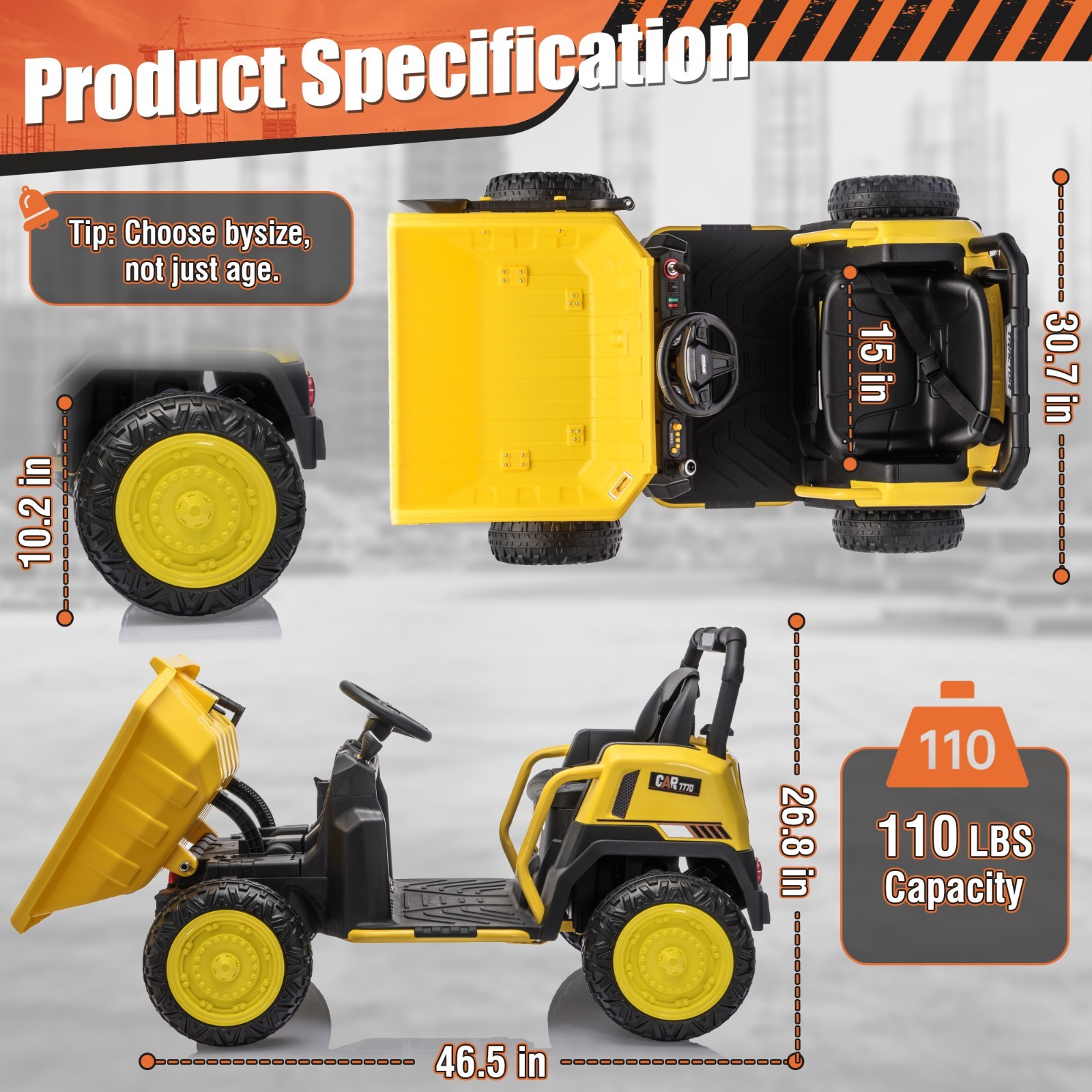 24V Kids Ride On Dump Truck, Remote Control, Metal Frame, Dump Bed & Shovel