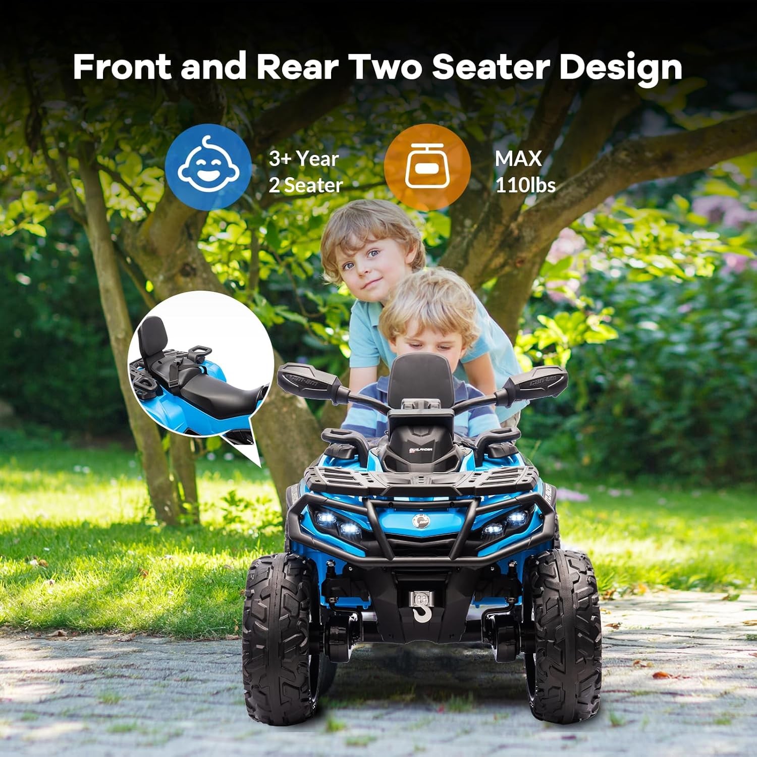 12V Kids Electric Ride On ATV,4-Wheeler Toy Car with 2 Seater,4 Mph Safety SpeeD