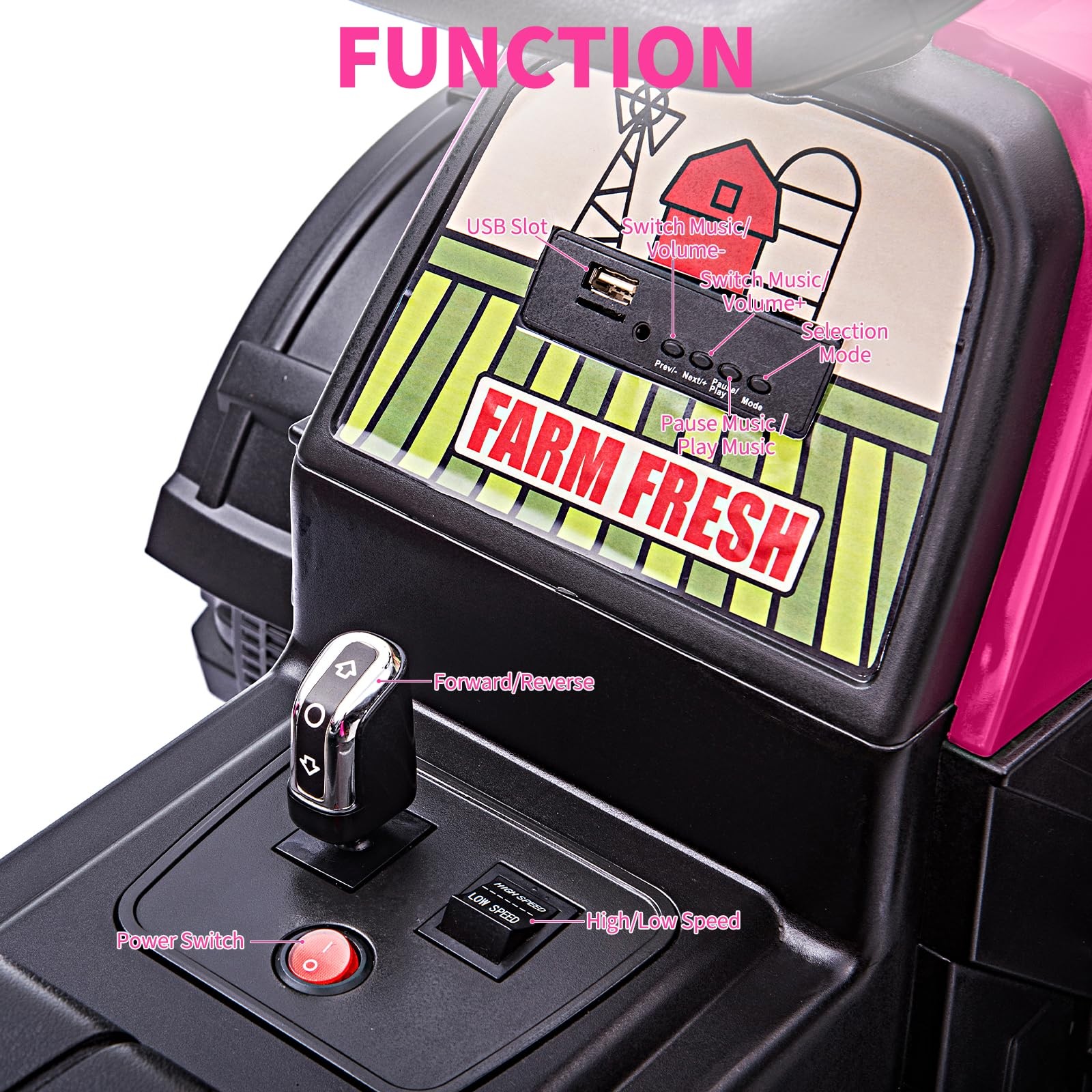 12V Electric Tractor with Detachable Trailer, Toddler Ride On Car/7-LED Headligh