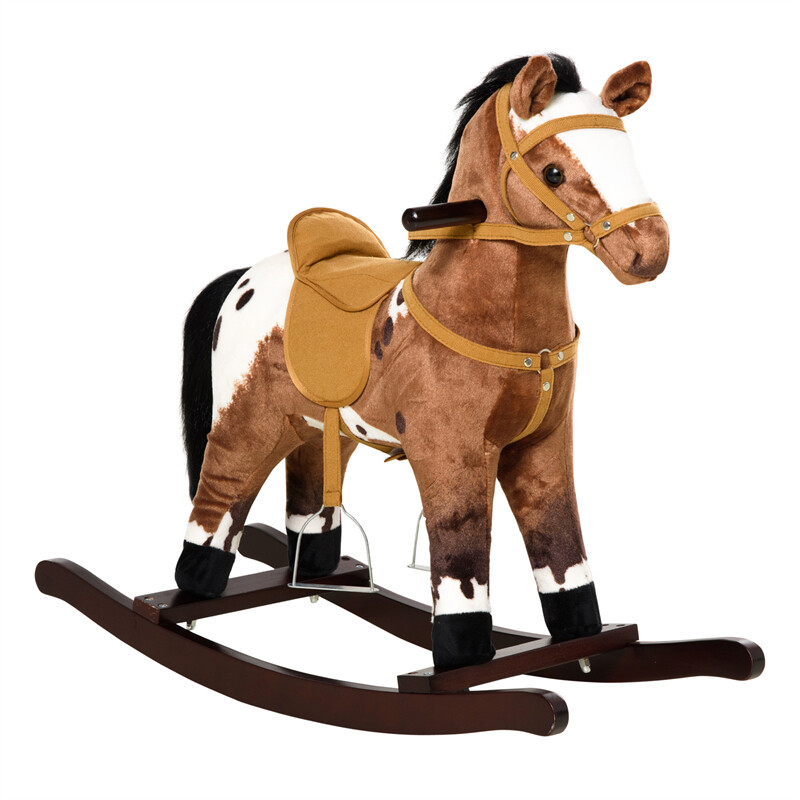 Kids Metal Plush Ride-On Rocking Horse Chair Toy w/ Sounds – Dark Brown/White