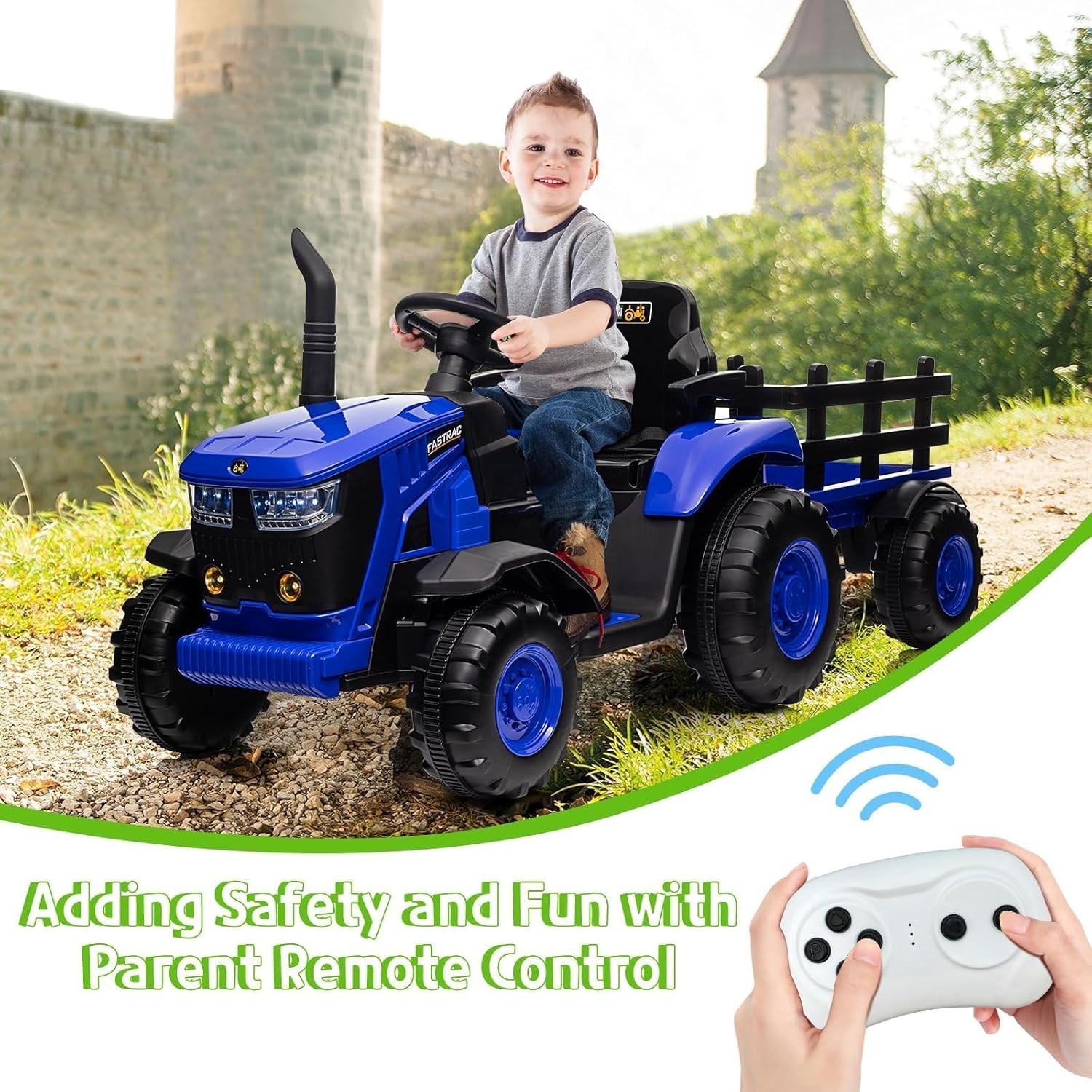 Kids 12V Electric Ride On Tractor w/ Remote, Music, Trailer,Dual Motors,6 Wheels