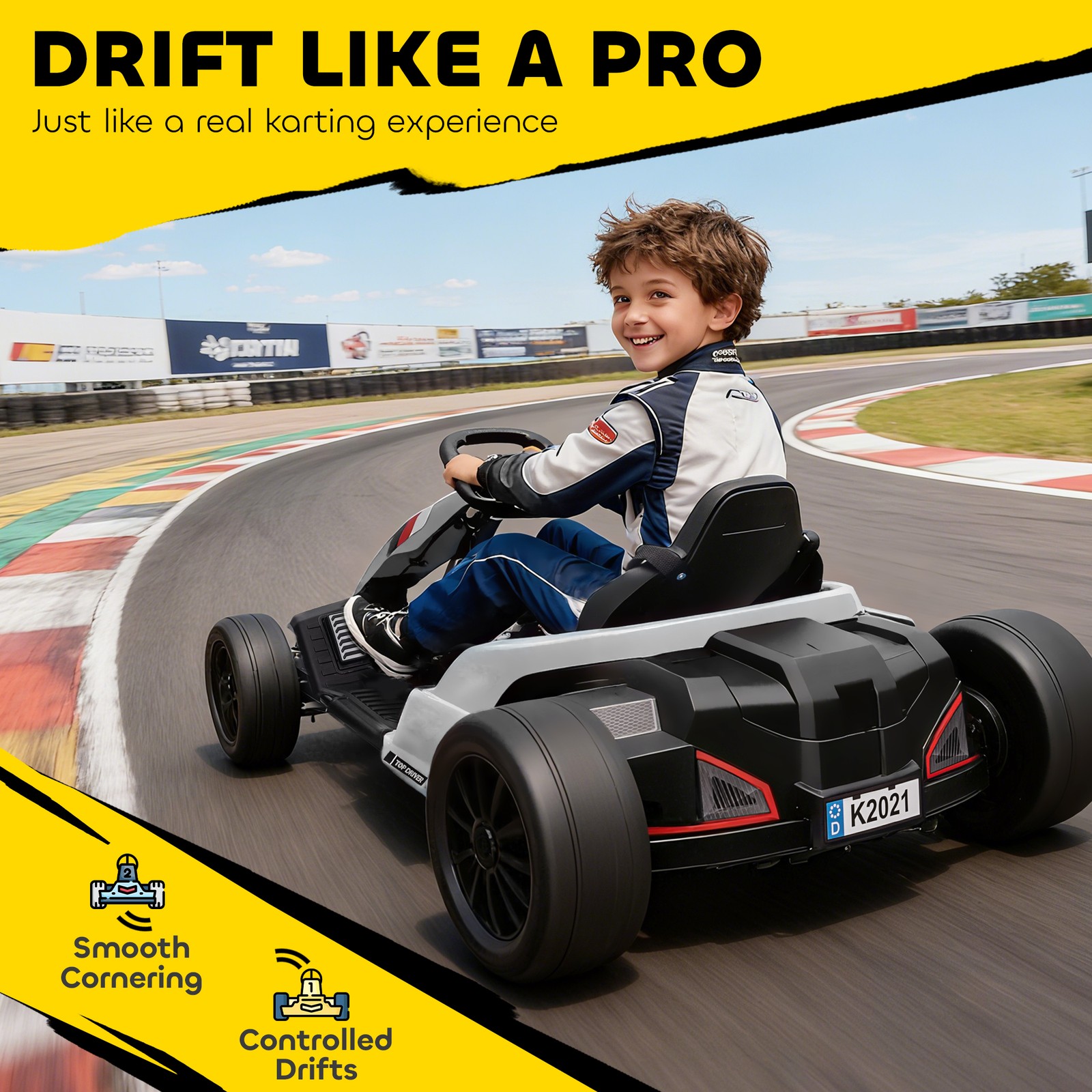 24V Electric Go Kart, Kids Drift Kart with Dual 150W Motors, White