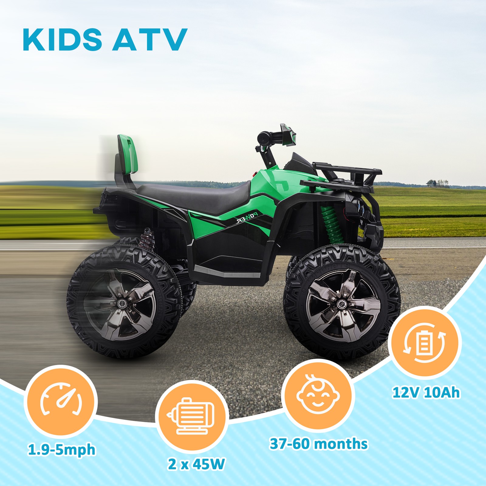12V Kids ATV Quad Car Toy with Music & Headlights, Green