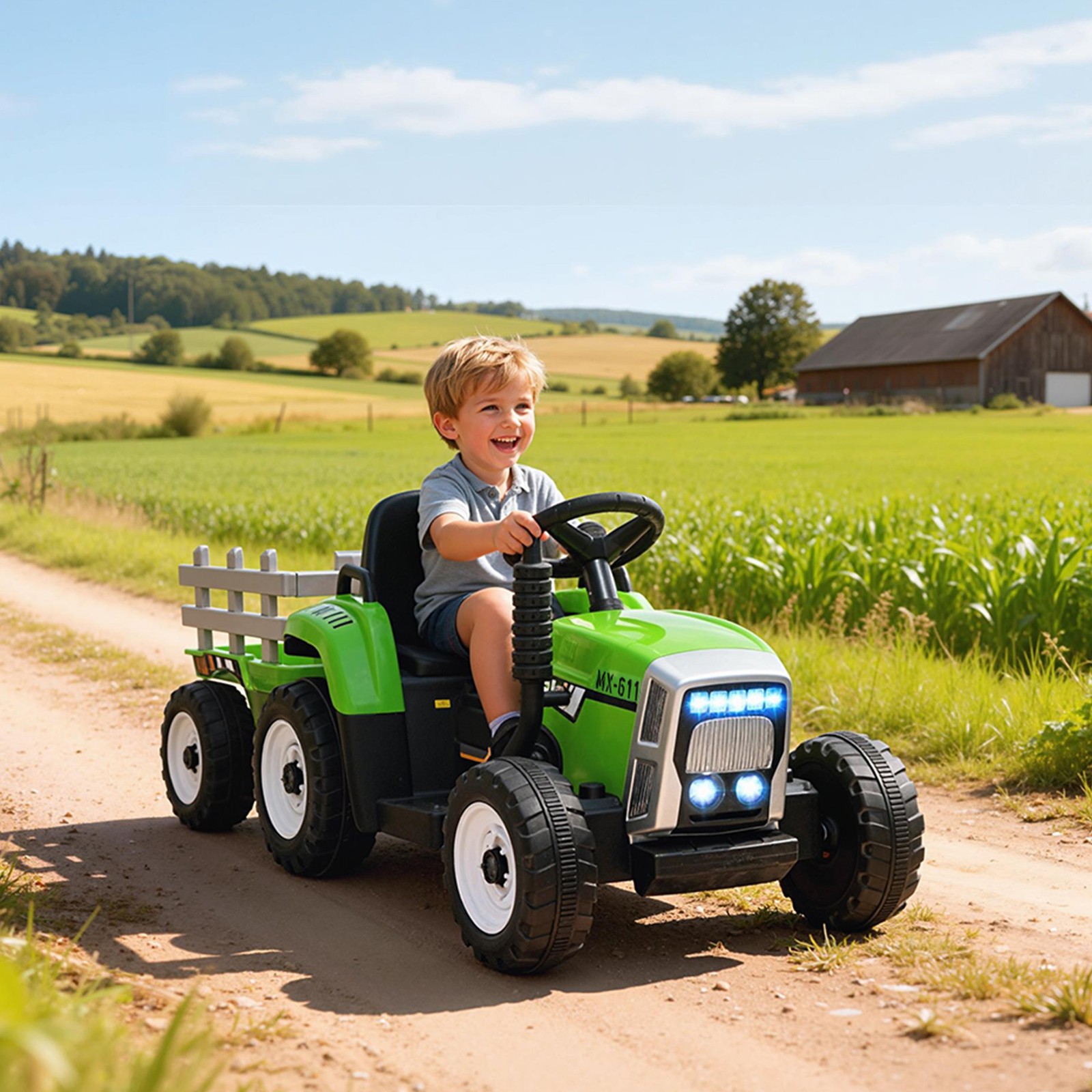12V Electric Ride on Tractor with Trailer, 25W Dual Motors, Green