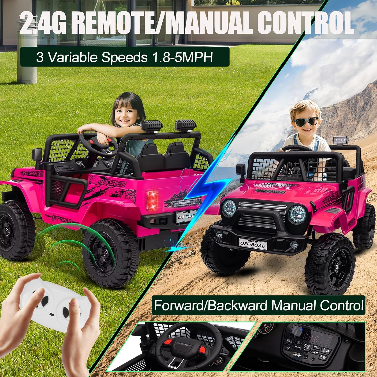 24V Ride on Jeep, Kids 2 Seater Ride on Car Truck W/4Wd Motor, Remote Control, 3