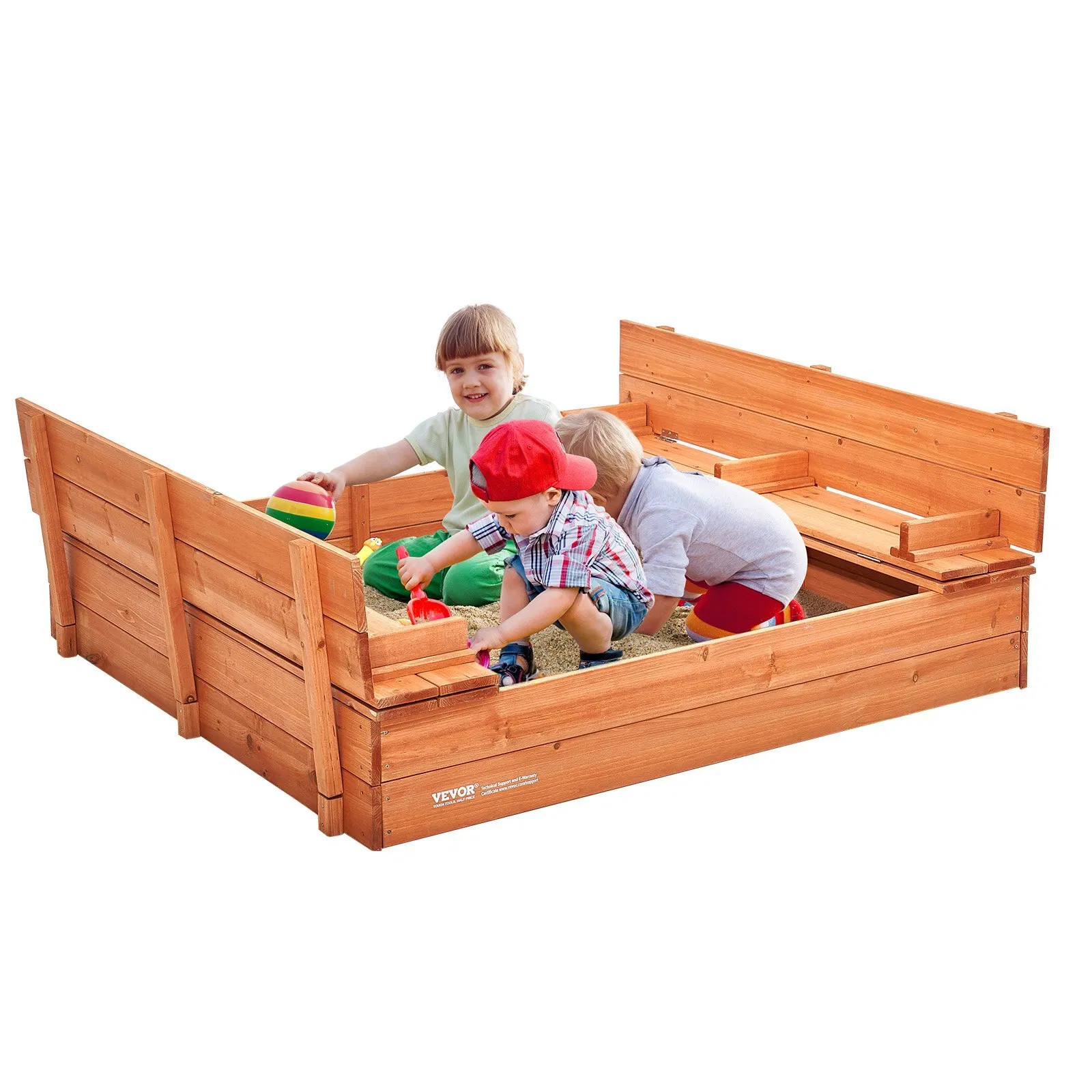 Wooden Sandbox, 52.4 x 47.2 x 16.9 in Sand Box, Sand Pit with Foldable Bench Sea