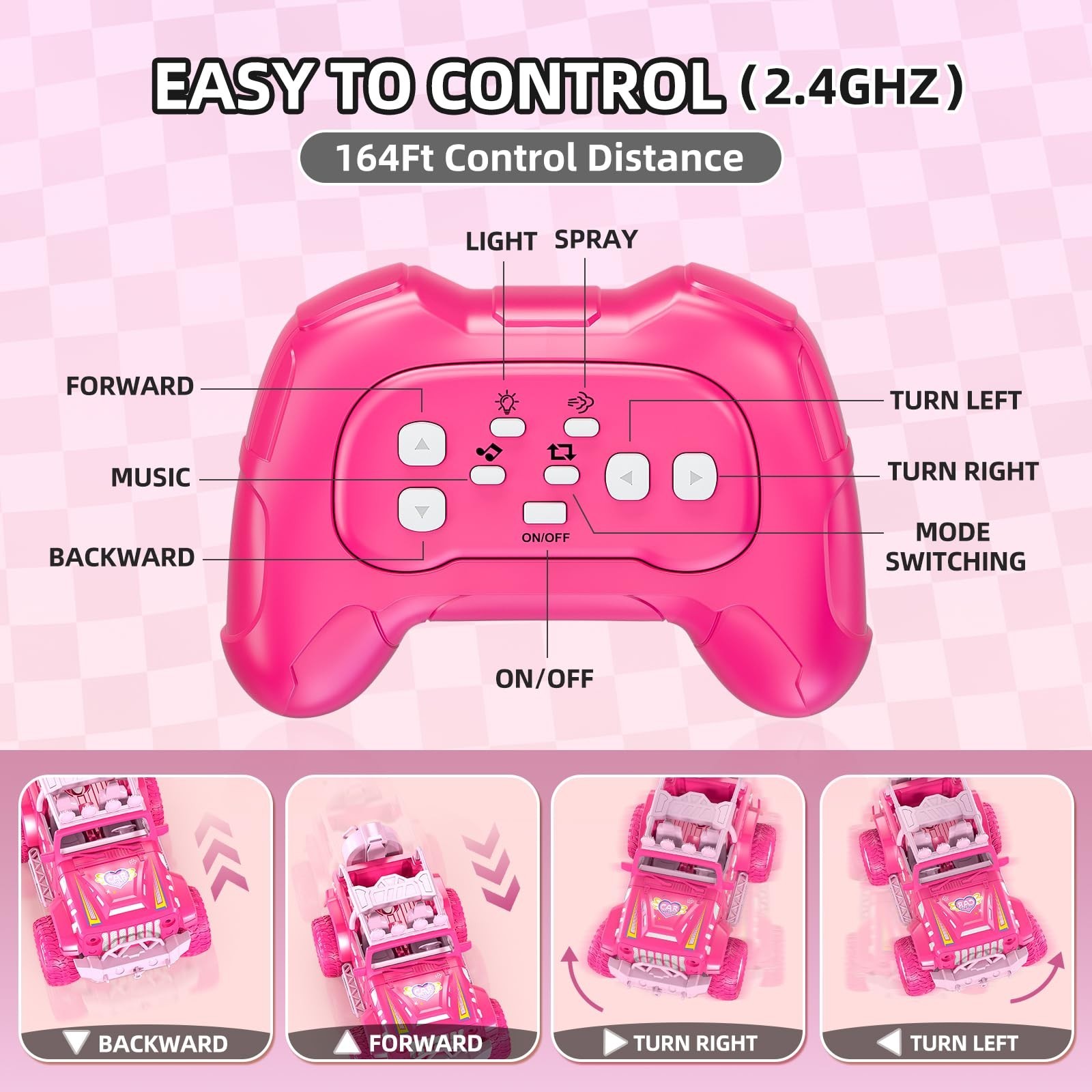 Pink Remote Control Car for Girls 4-7, 2.4GHz Off-Road RC Jeep with Spray, Cl…