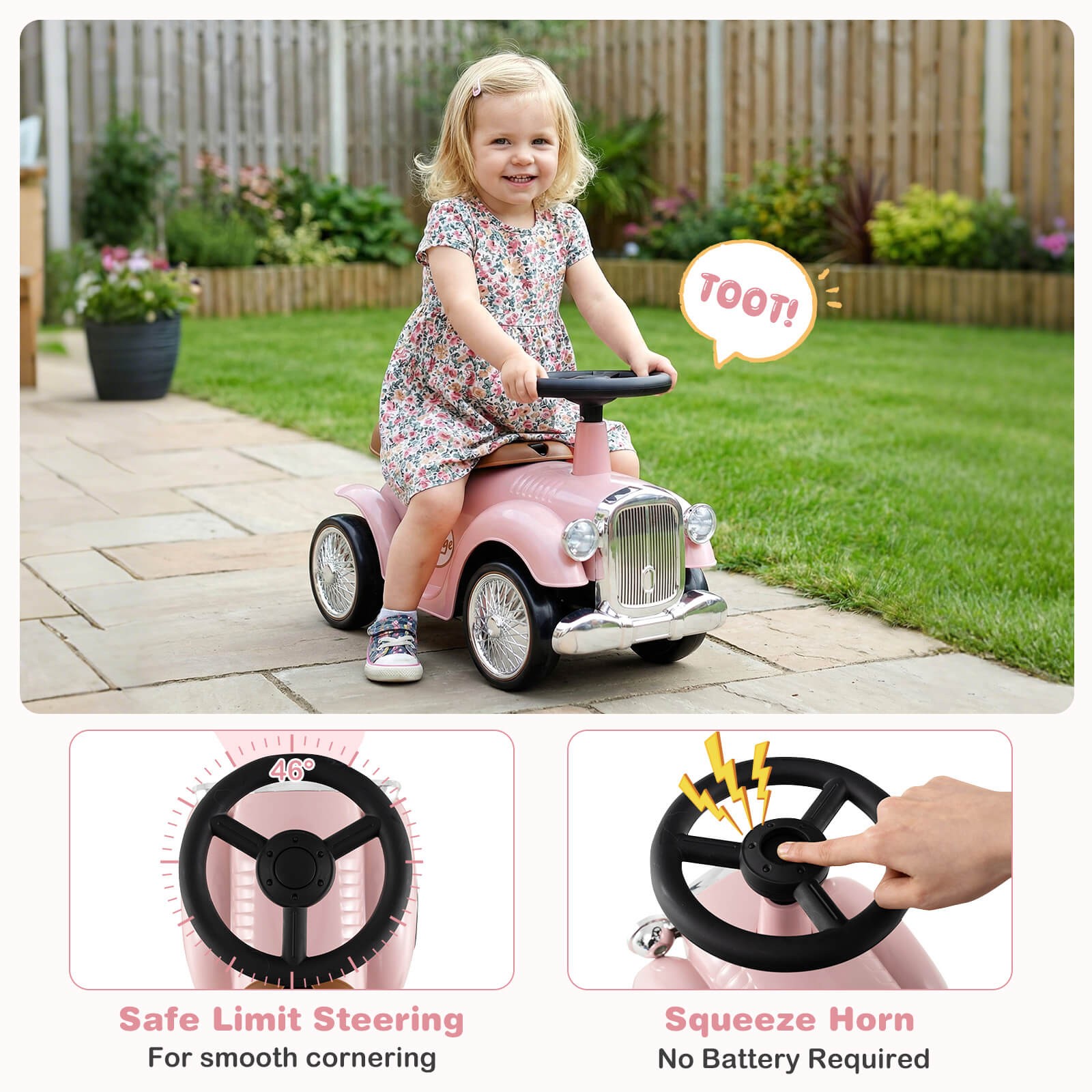 Retro Toddler Ride-on Toy 40° Limit Steering w/ Storage Space, DIY Stickers