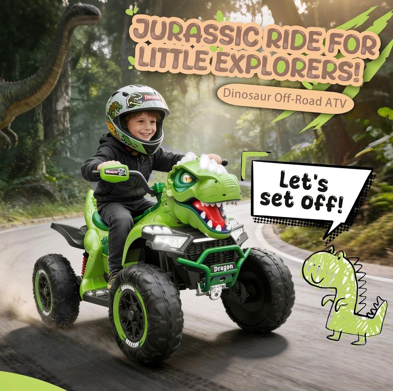 24V Dinosaur Ride On ATV for Kids, Electric 4 Big Wheel Car w/ MUSIC,BT and LED