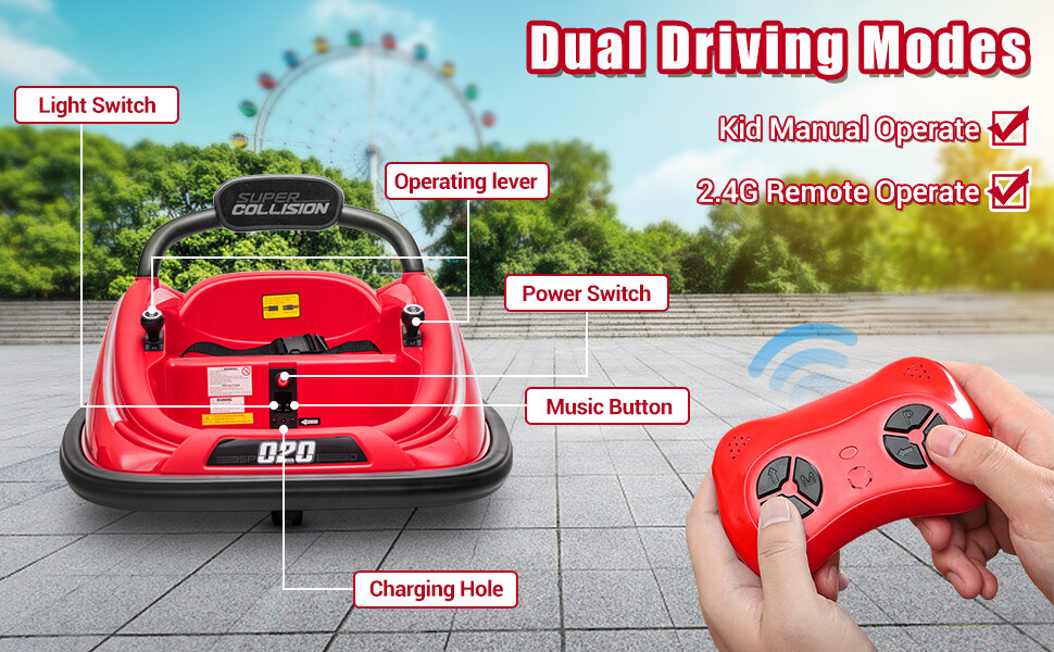 12V Kids Bumper Car Twins Motor, w/ Parent Remote Control Light 360° Rotation