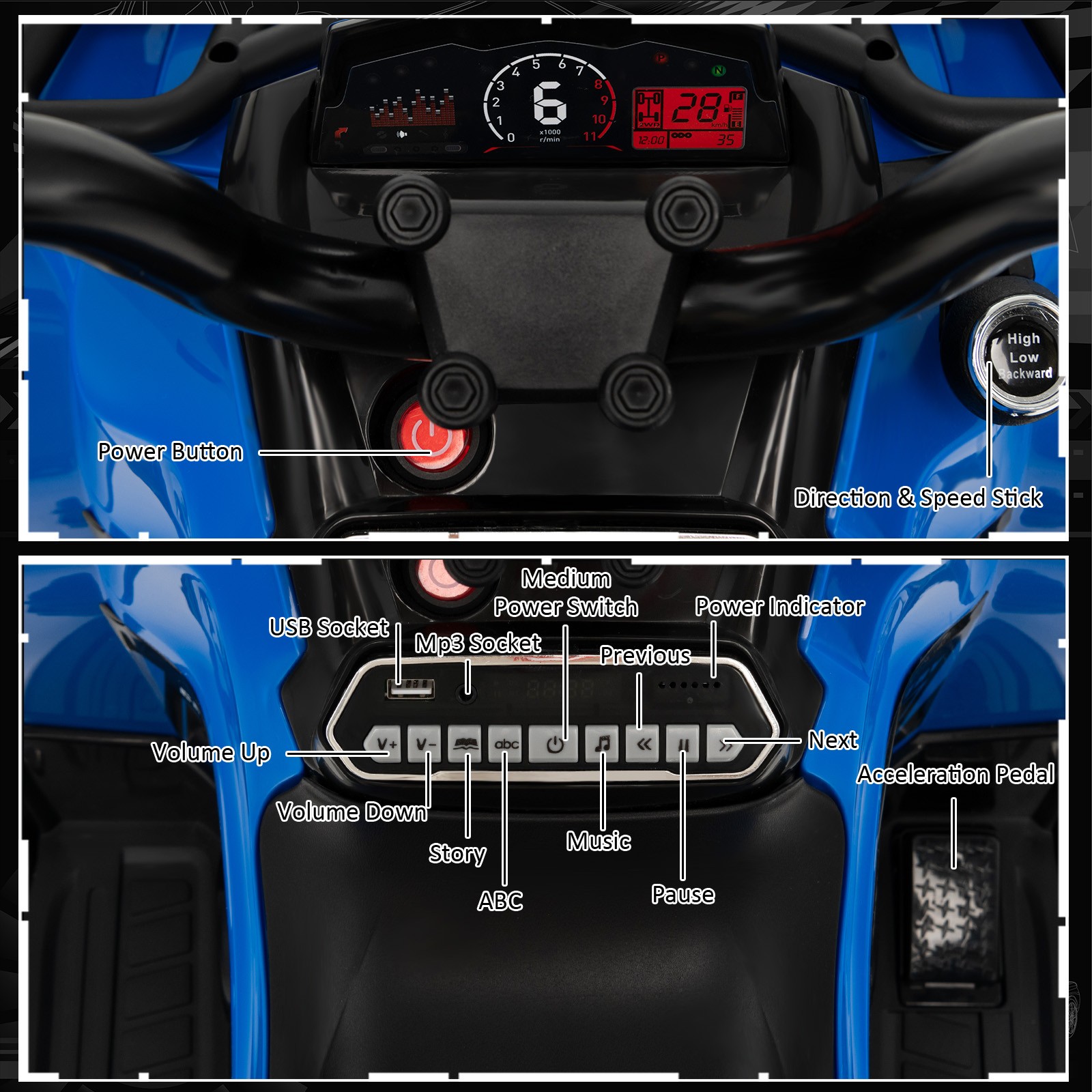 12V 2 Speeds Kids Ride ATV Electric 4-Wheeler Quad w/ Mp3 & Headlights Blue