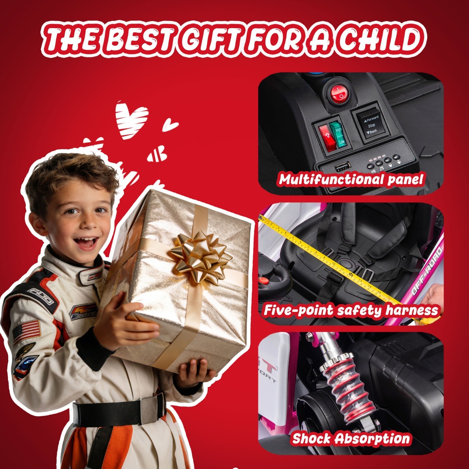 24V 400W Kids Go Kart Electric Drift Car 5-7.5MPH with Music 5-Point Safety Belt