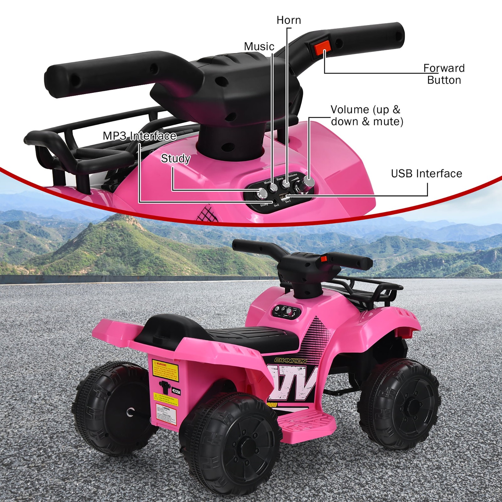 6V Kids ATV Quad Electric Ride on Car Toy Toddler with LED Light MP3 Pink