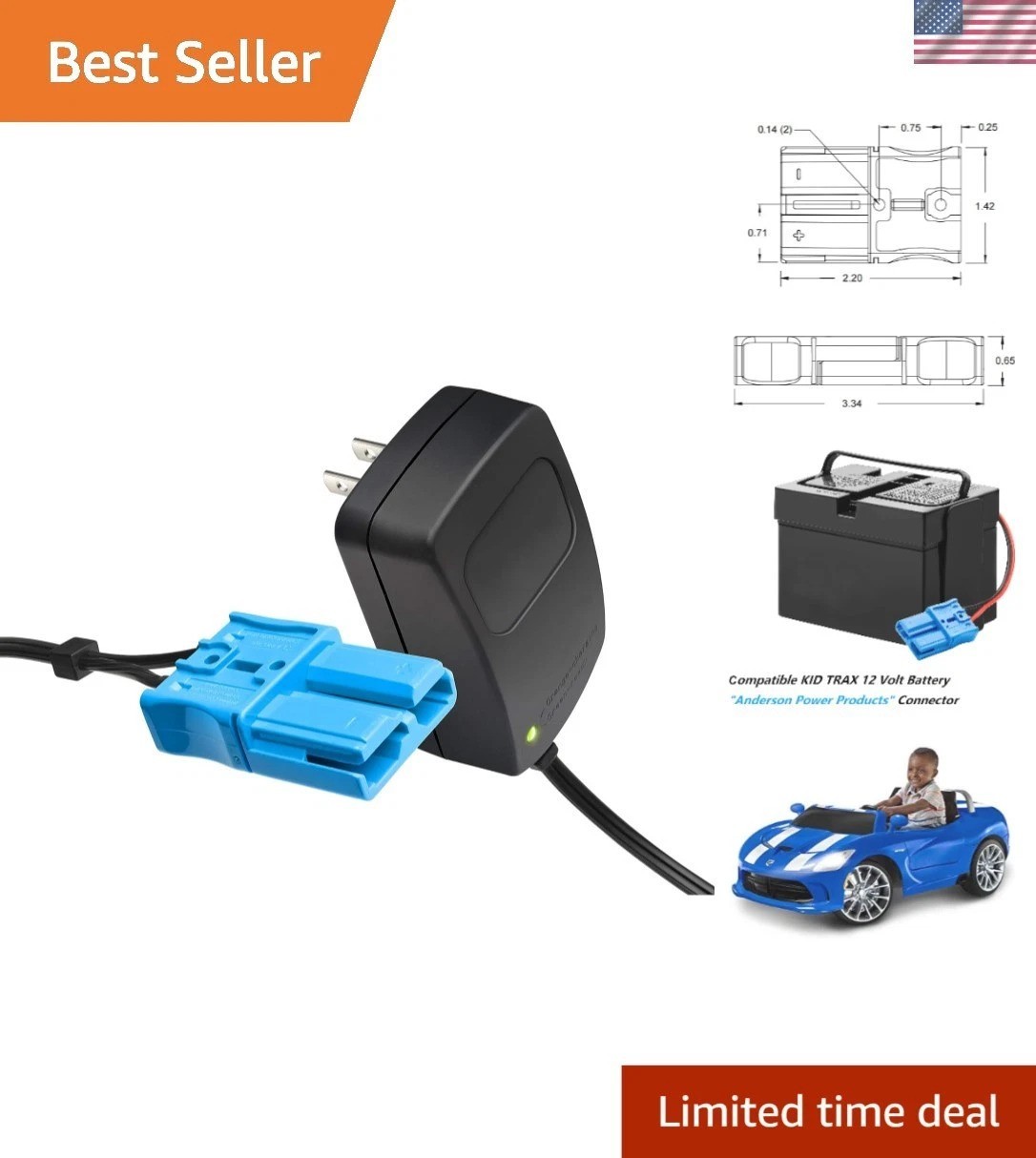 Kid Trax 12V Charger for Dodge Viper & Police Car – Reliable Black and Blue Plug