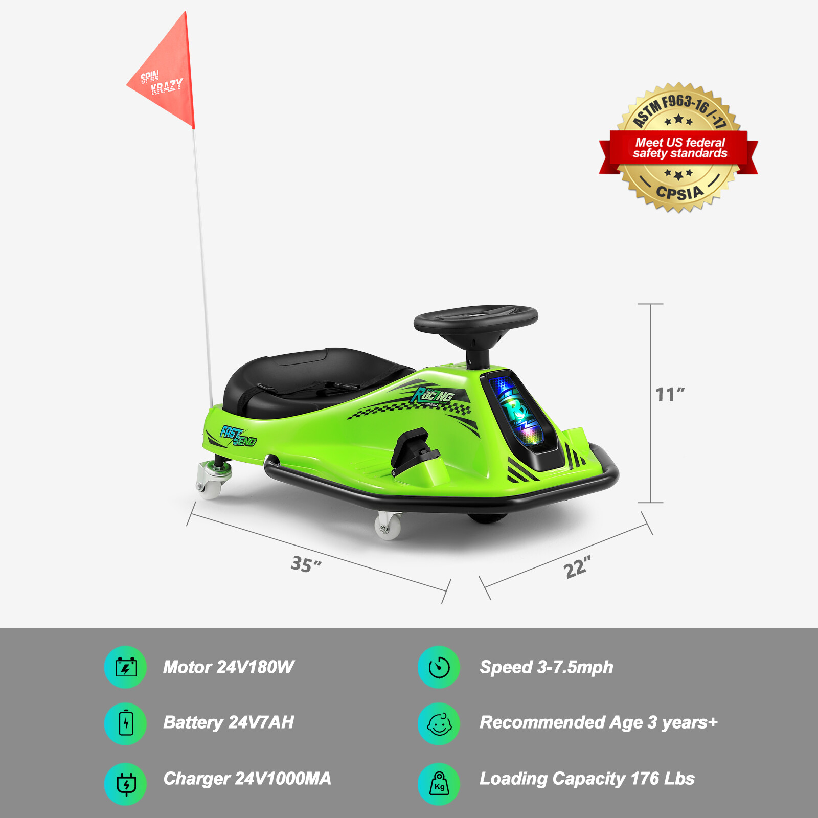 360° 24V Kids Electric Drifting Go Kart Ride On Cart with Bluetooth (Green)