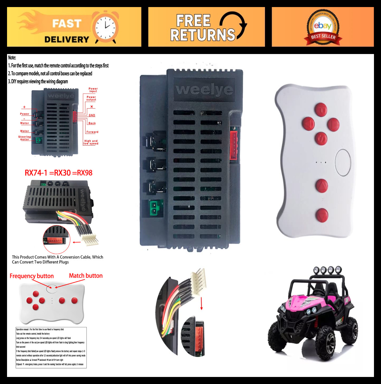 24V Kids Electric Ride-On Car with Bluetooth Remote Control & Replacement Parts