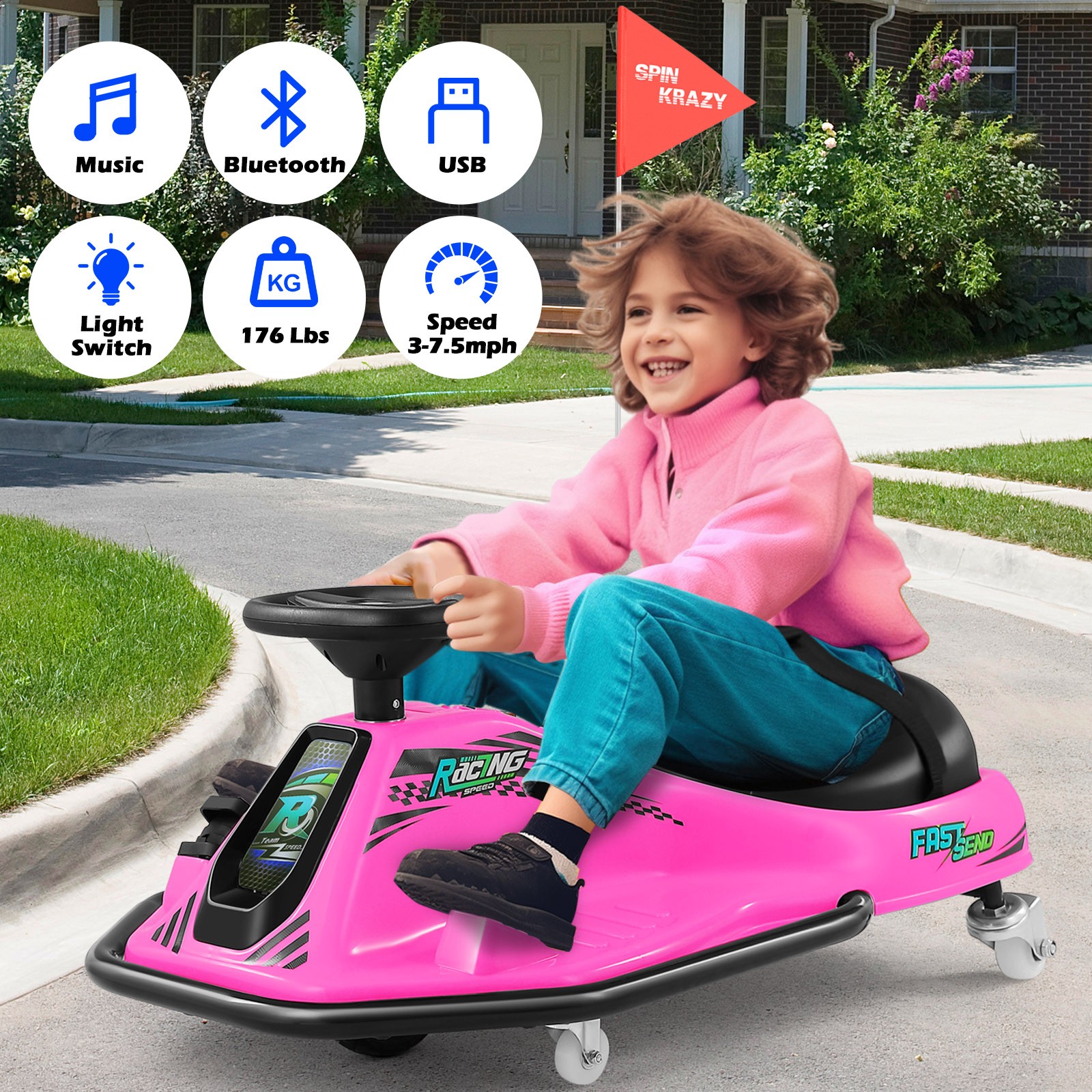 24V Electric 360° Rotating Ride On Drifting Car with 2Speed,Flag,Bluetooth,Music