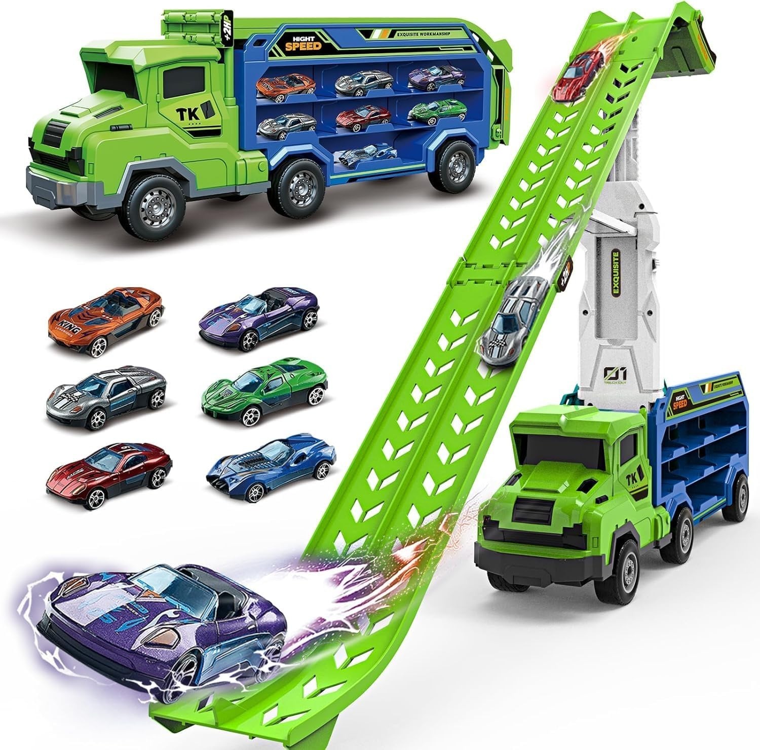 Foldable Car Race Track Set with 6 Die-Cast Cars – Ideal for Toddlers 3-8
