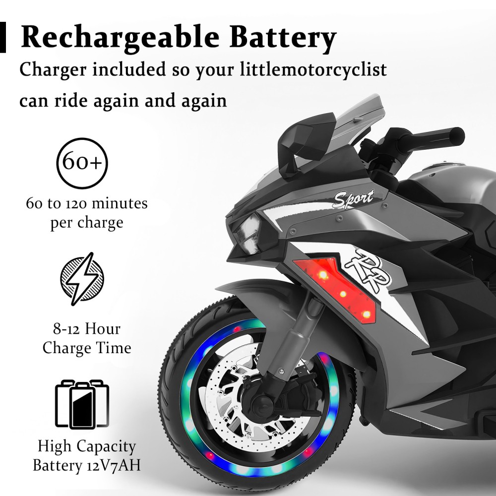 12V Gray Kids Electric Motorcycle, USB MP3 Function, Premium Gift for Kids