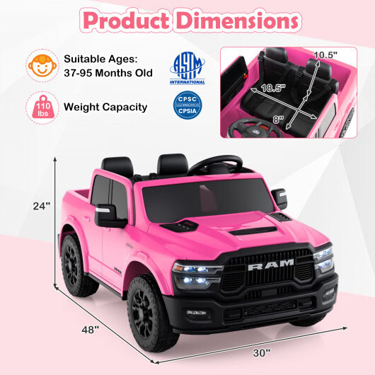 2 Seater 24V Ride on Toy for Big Kids Licensed Ram Truck with Remote and Music-P