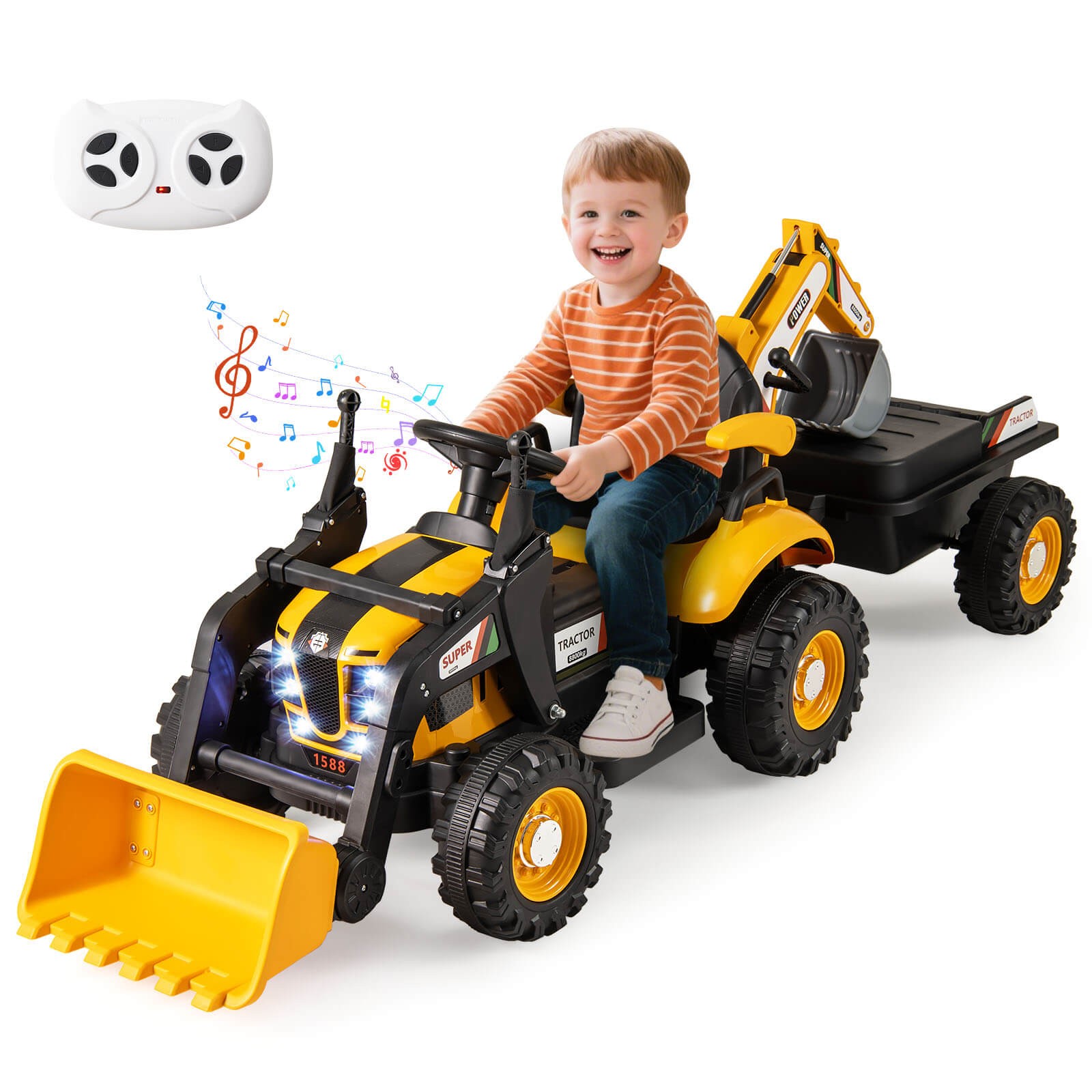 4 in 1 Ride on Tractor, Excavator & Bulldozer for Kids, Trailer, Shovel Bucket