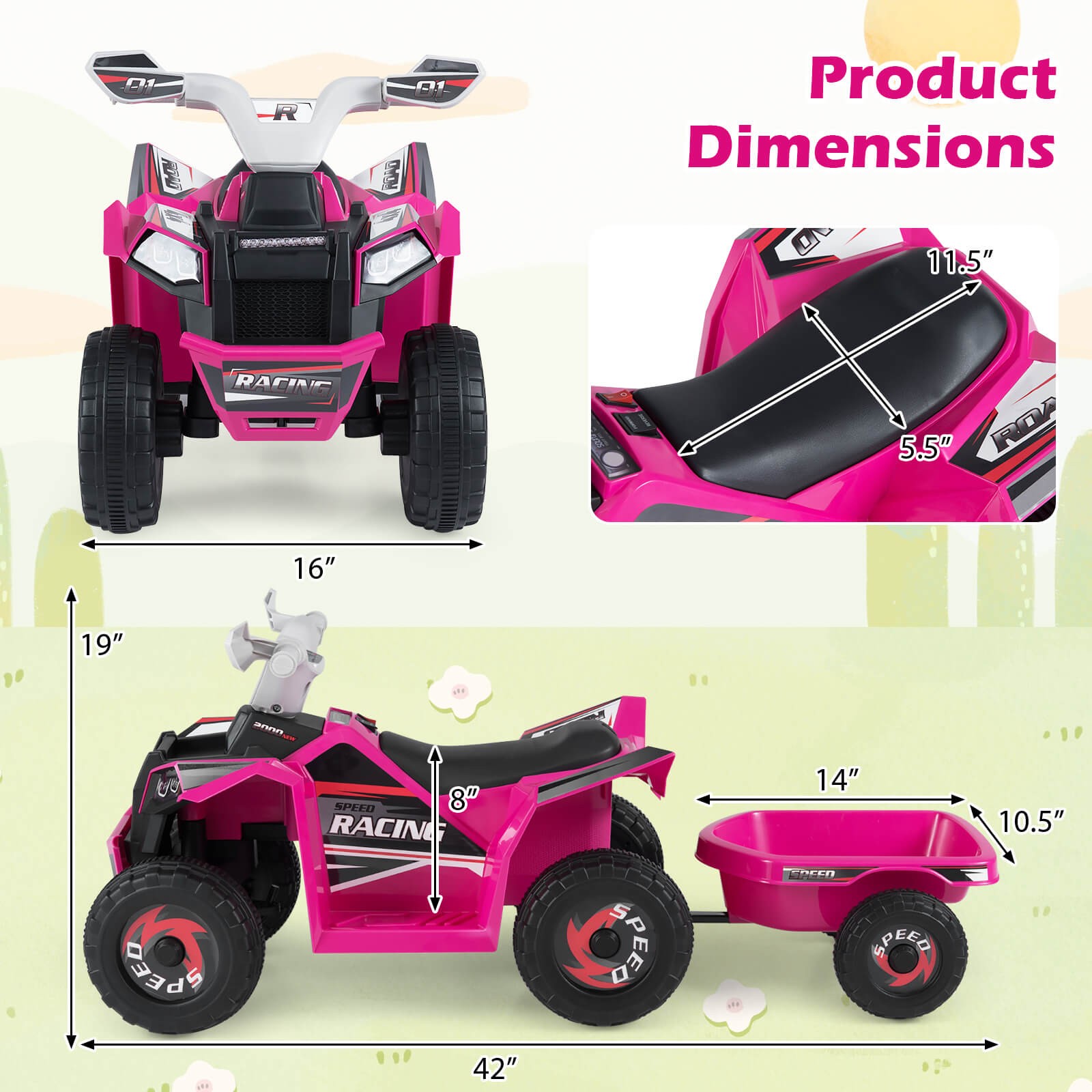 Kids Electric ATV Car, 6V Battery-Powered Ride on Toy w/Removable Back Trailer