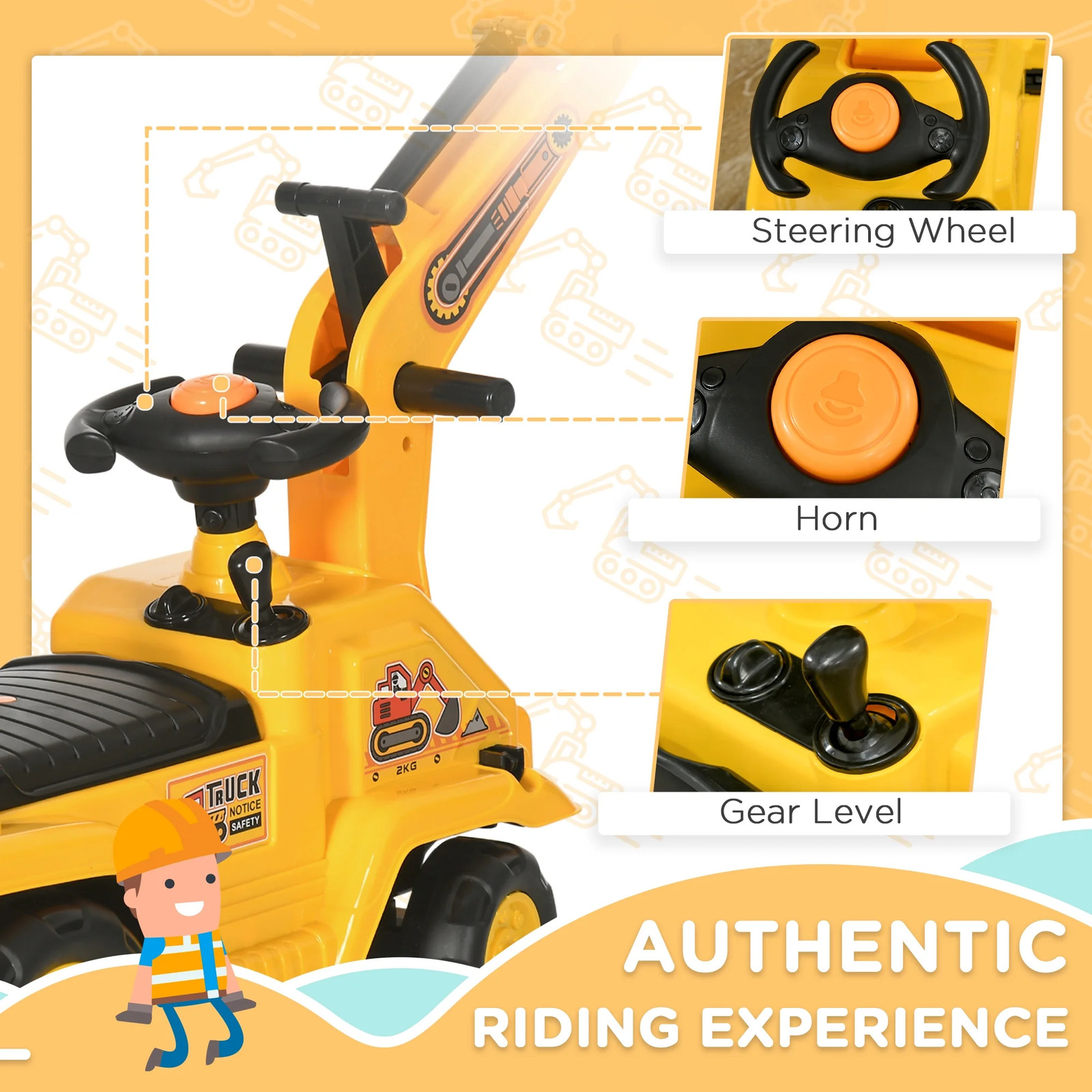 NO Power 3 in 1 Ride on Toy Excavator Digger Scooter Pulling Cart Pretend Play C