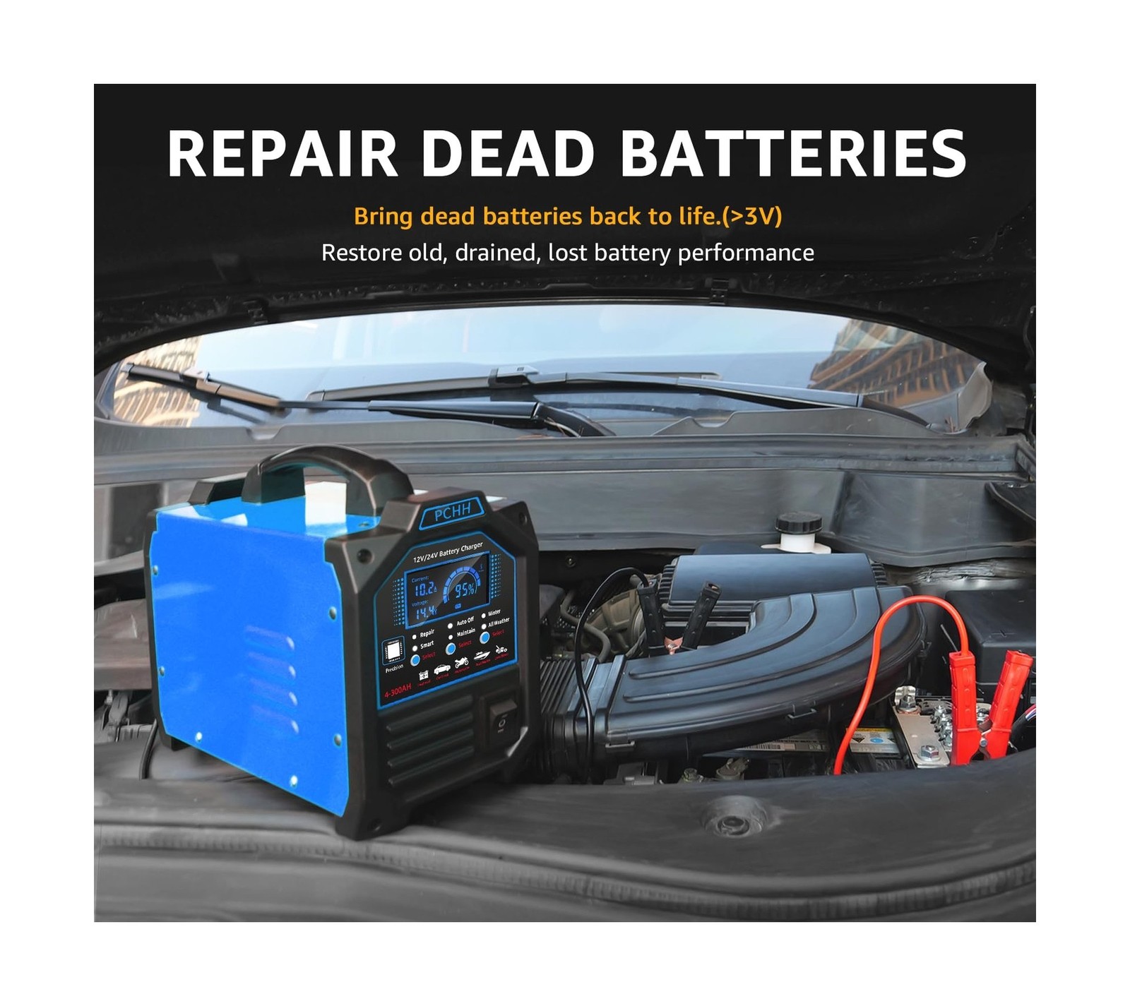 PCHH 12V 24V Car Battery Charger Heavy Duty, 0-15A Automatic Battery Maintain…