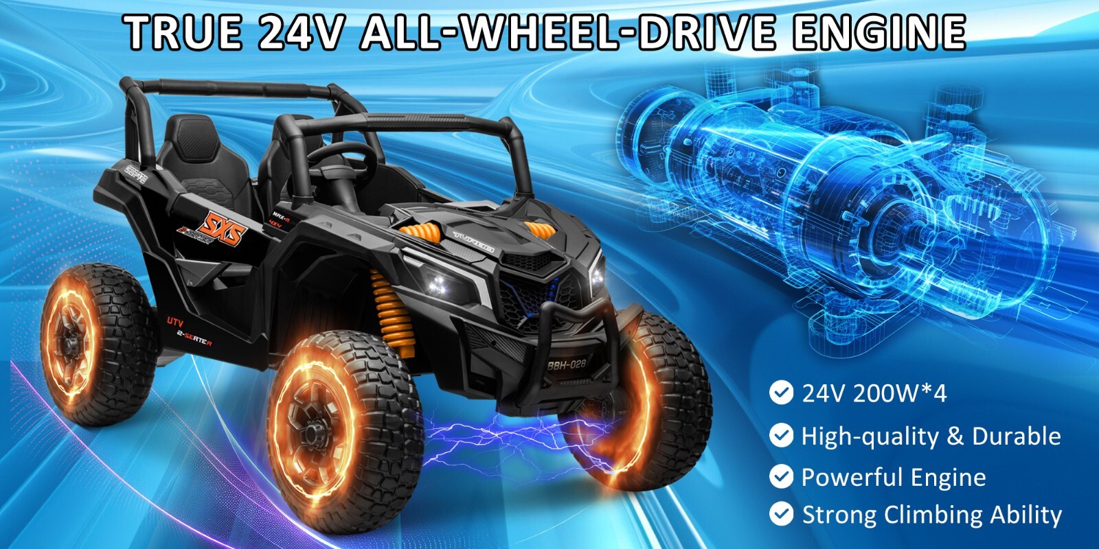 ZEOPHOL 24V Kids Ride On Car UTV 4WD Truck 2-Seater 4*200W Battery Power Wheels