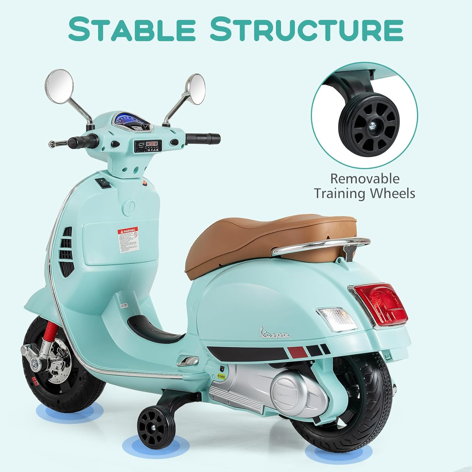 Licensed Vespa 12V Kids Motorcycle by with Training Wheels, Music, Story, Horn,