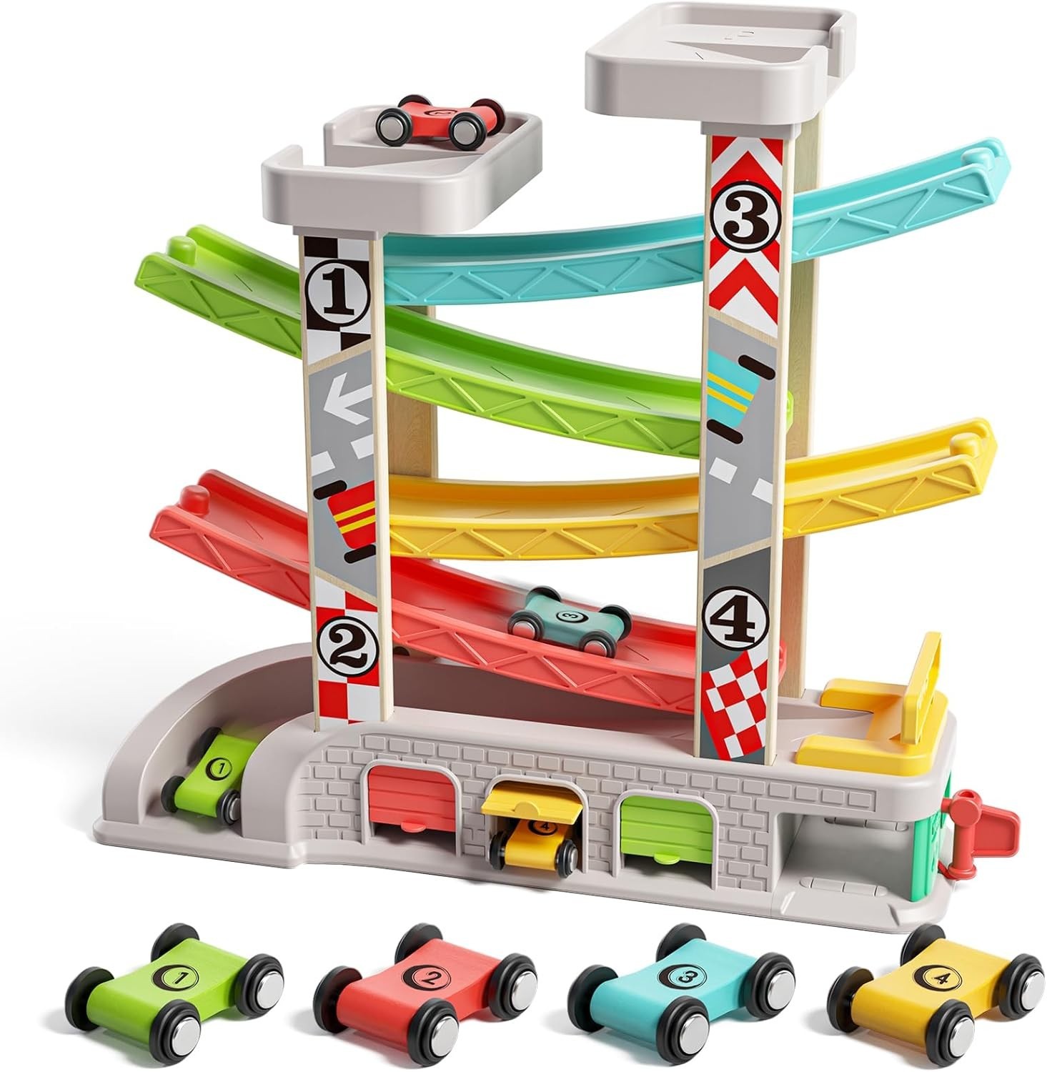 4-Car Wooden Race Track with Parking Lot: Ideal Gift for Toddlers 2-4