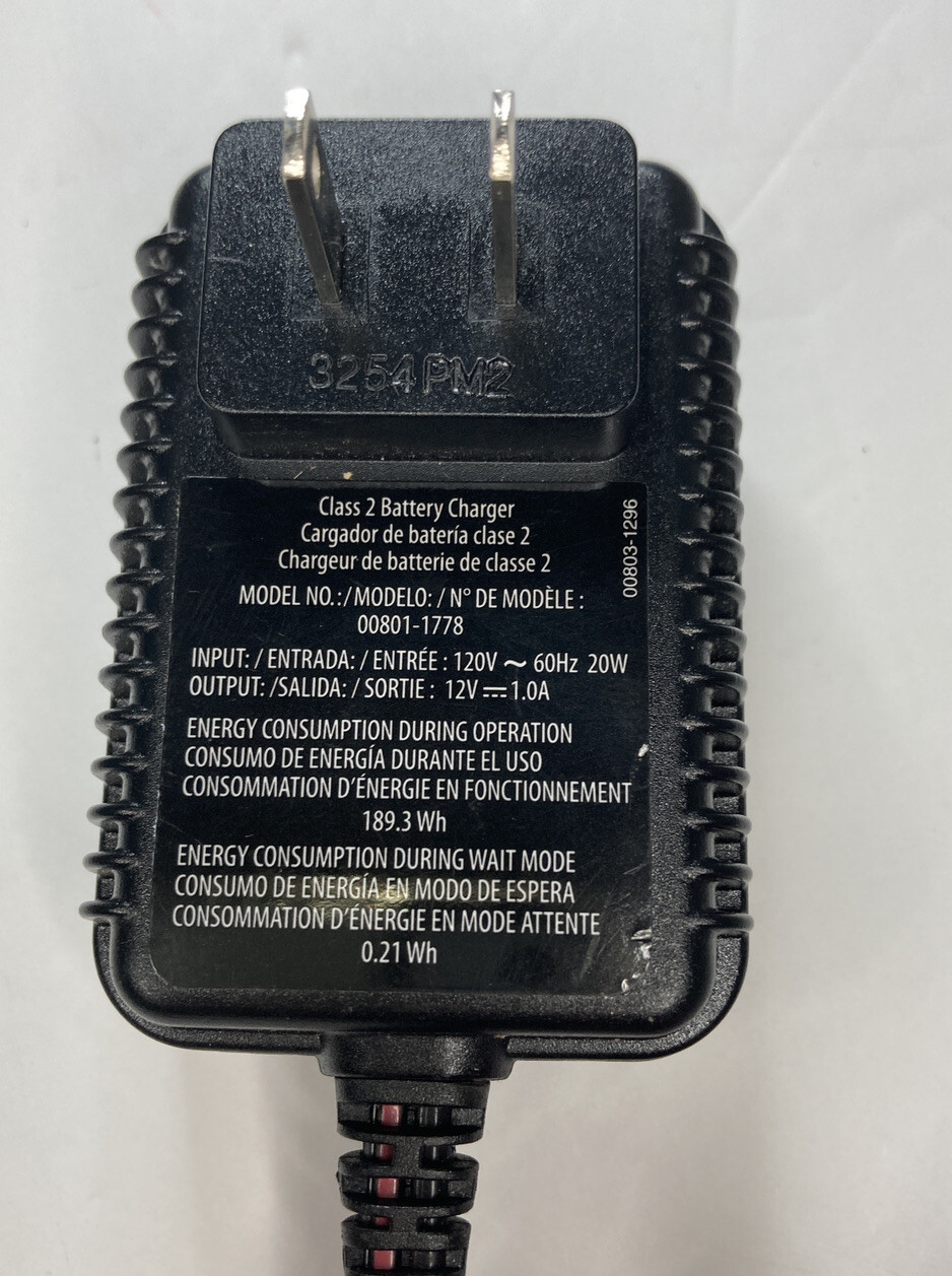 Fisher Price 00801-1778 Power Wheels 12V 1A Adapter Charger Cord, OEM