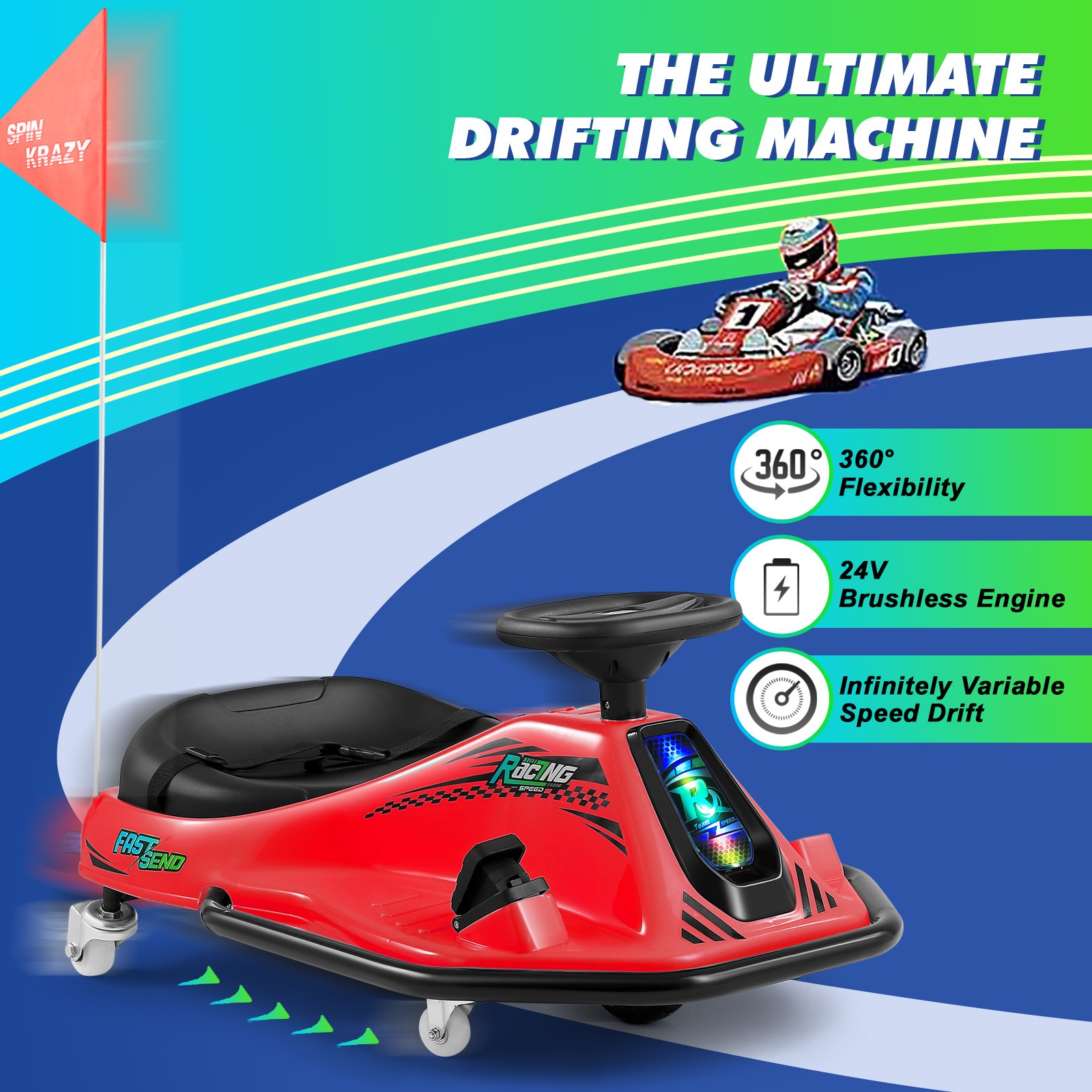 24V Kids Red Drifting Go Kart 360° Ride On Cart with Bluetooth