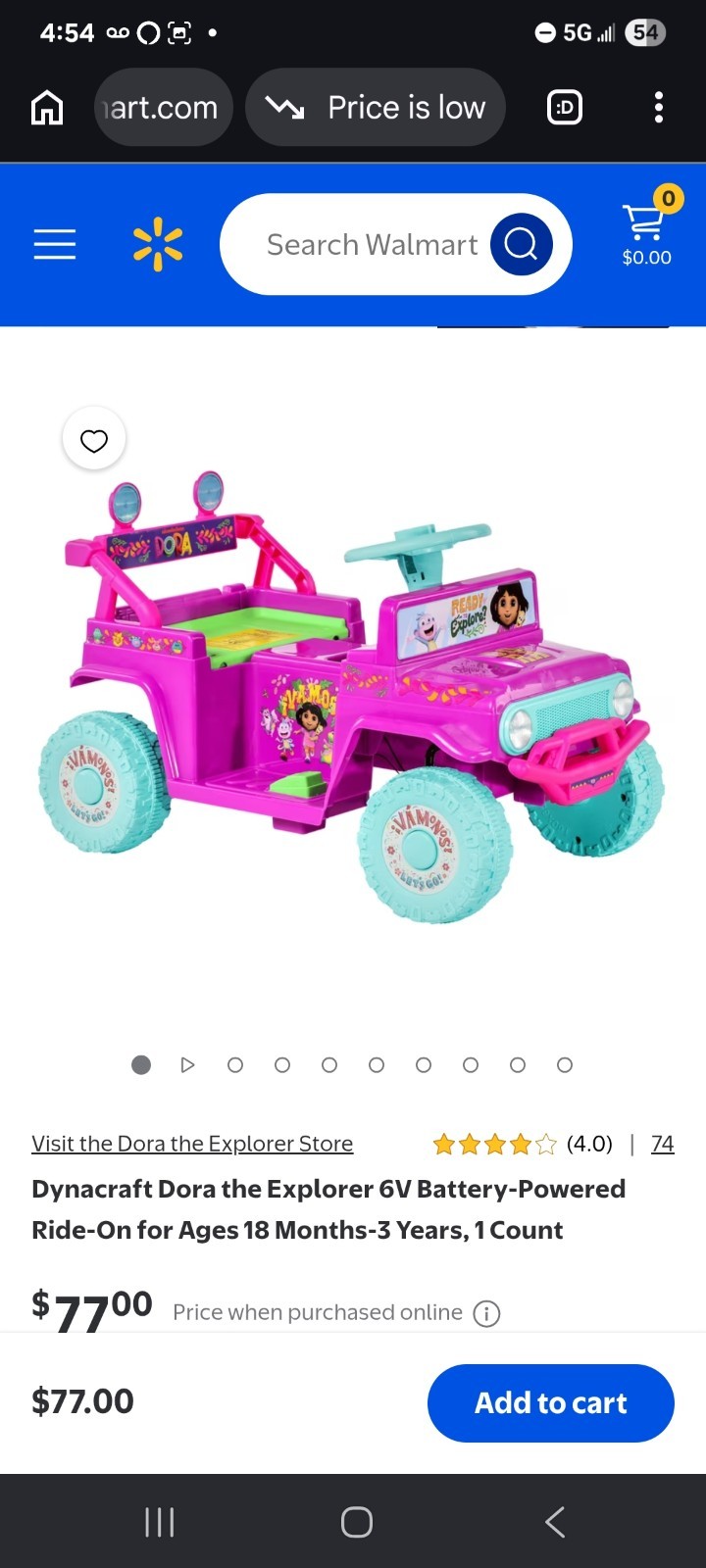 Dora Battery-Power Ride-On Jeep, 18M+ (Unused/Crack On Wheel- Cosmetic Only)