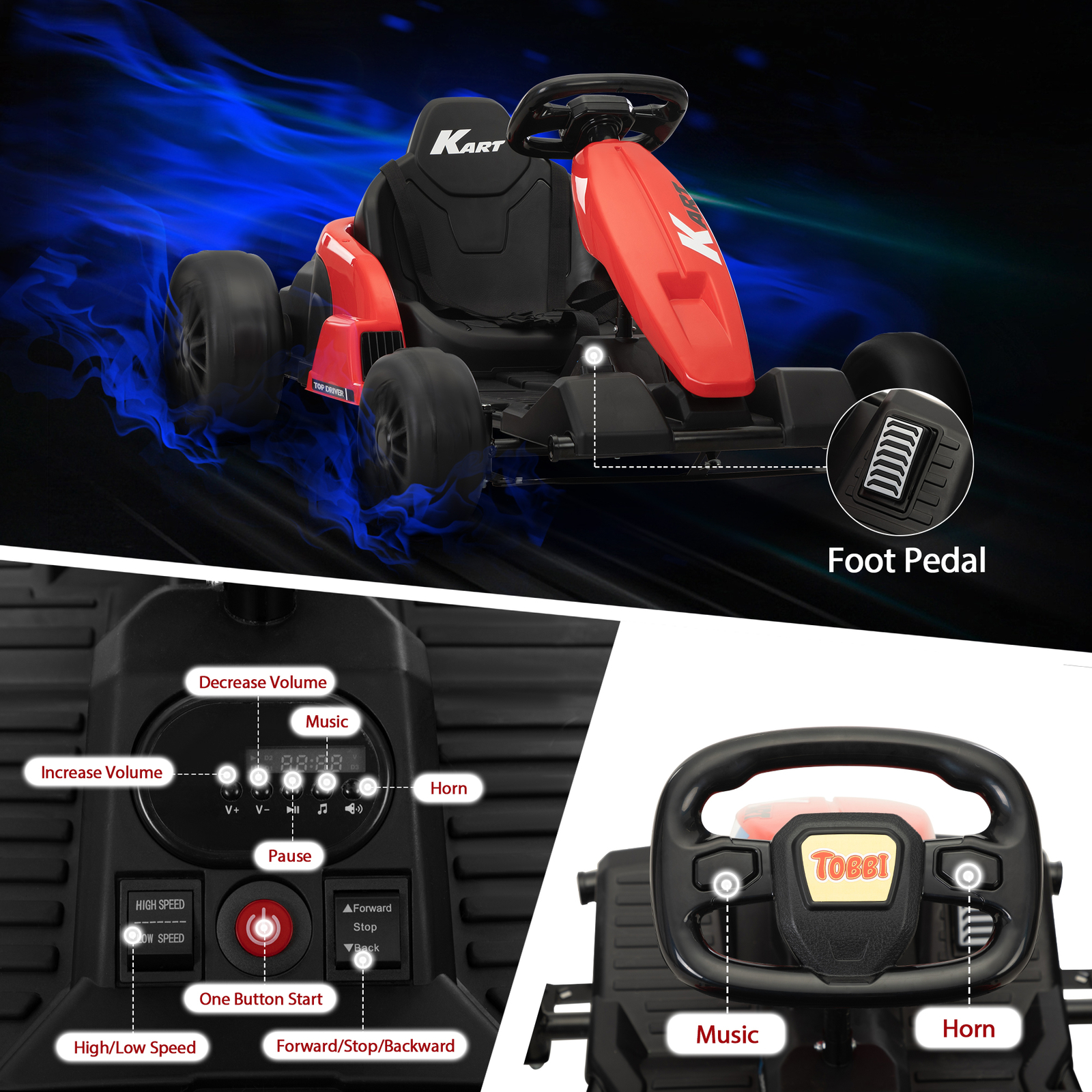 TOBBI 24V Kids Go-Kart Electric Power Ride On Toy Vehicle for Kids Aged 4-16