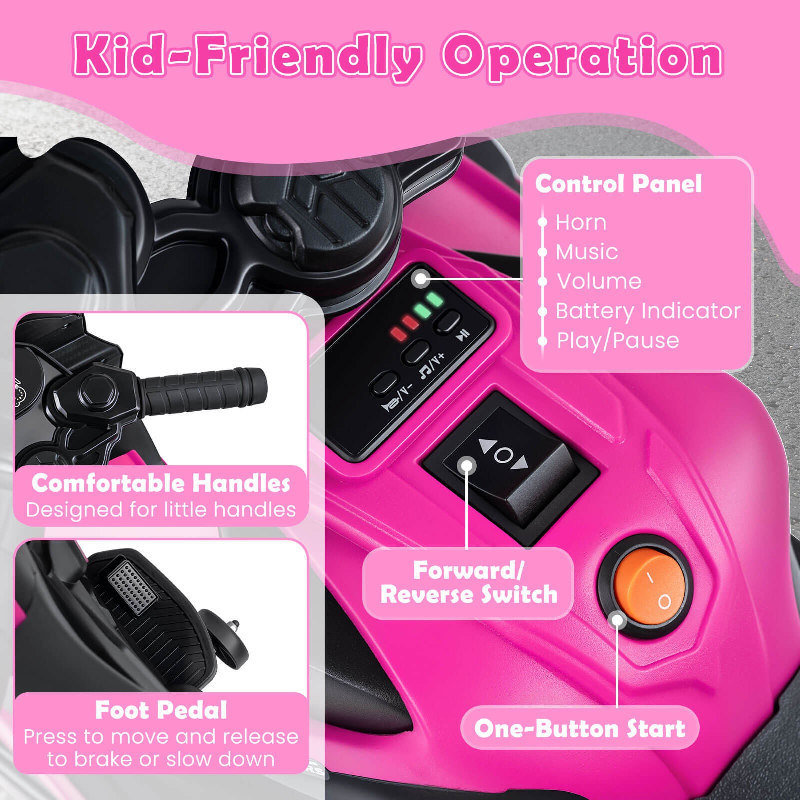 6V Kids Motorcycle w/Music, Horn, Detachable Training Wheels & LED Headlights