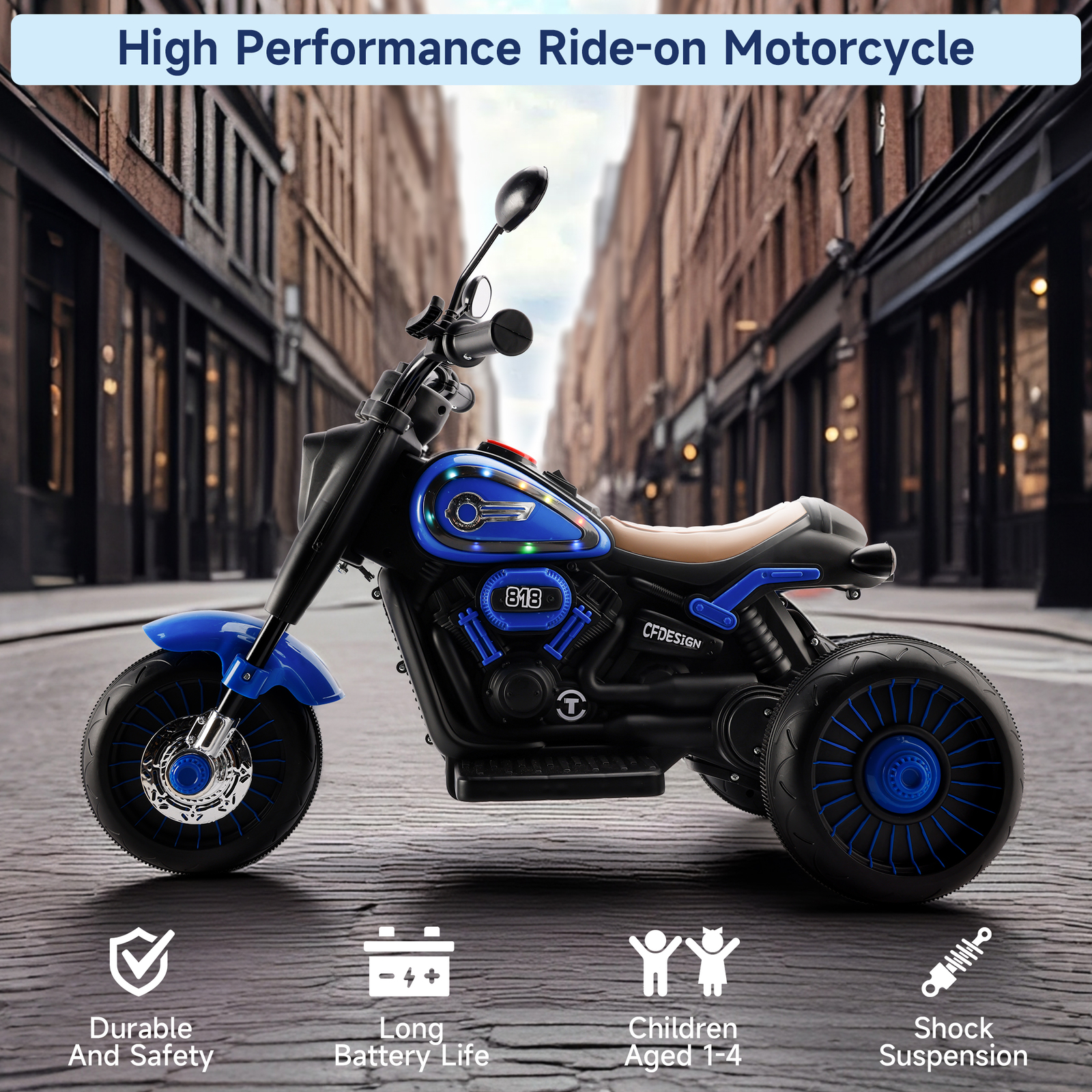 3Wheel 6V Kid Ride On Motorcycle Electric Toy With Colorful Light And Music Blue
