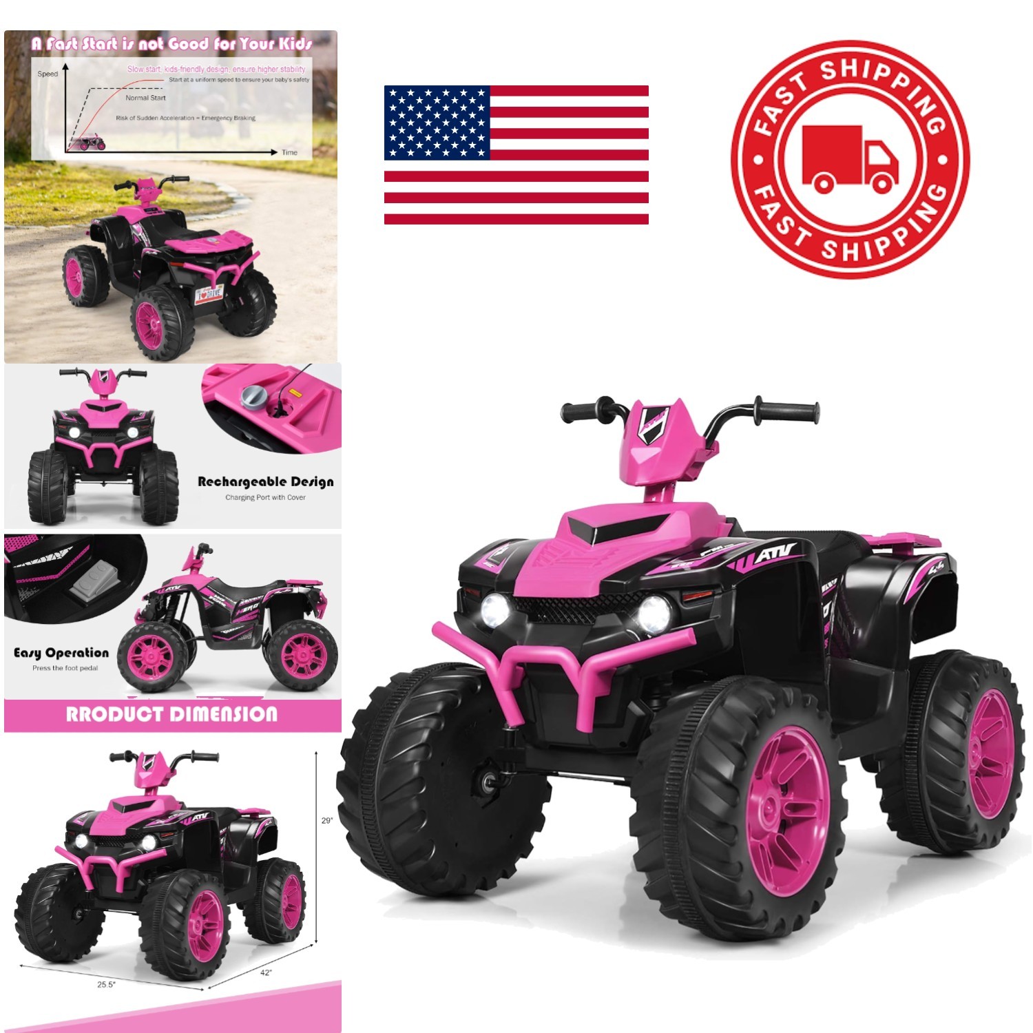 Pink Kids 12V Electric Quad with All Terrain Tread Tires and Fun Features