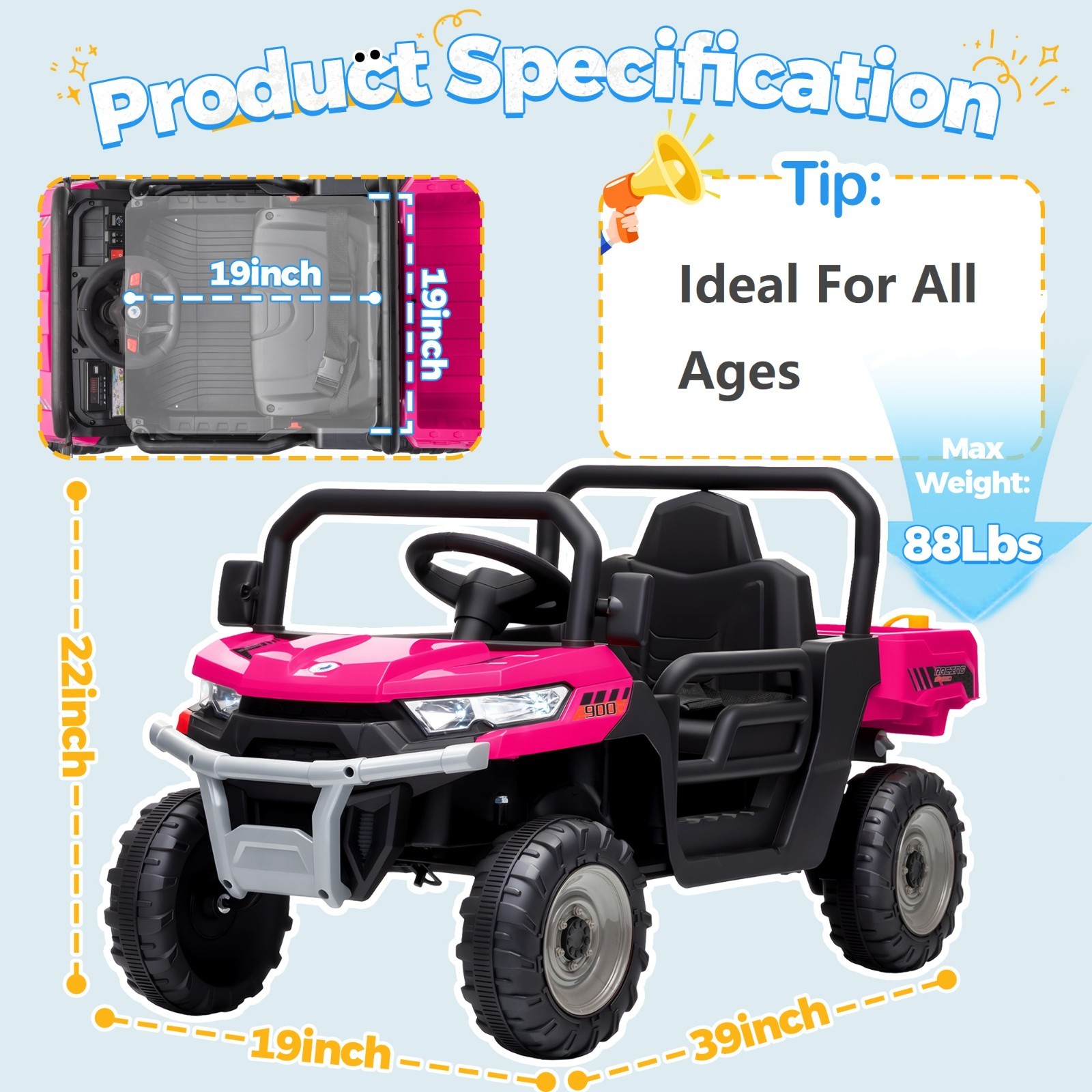 Joyracer 12V Ride On Truck, Remote, Dump Bed, Shovel, Music, Gift for Kids