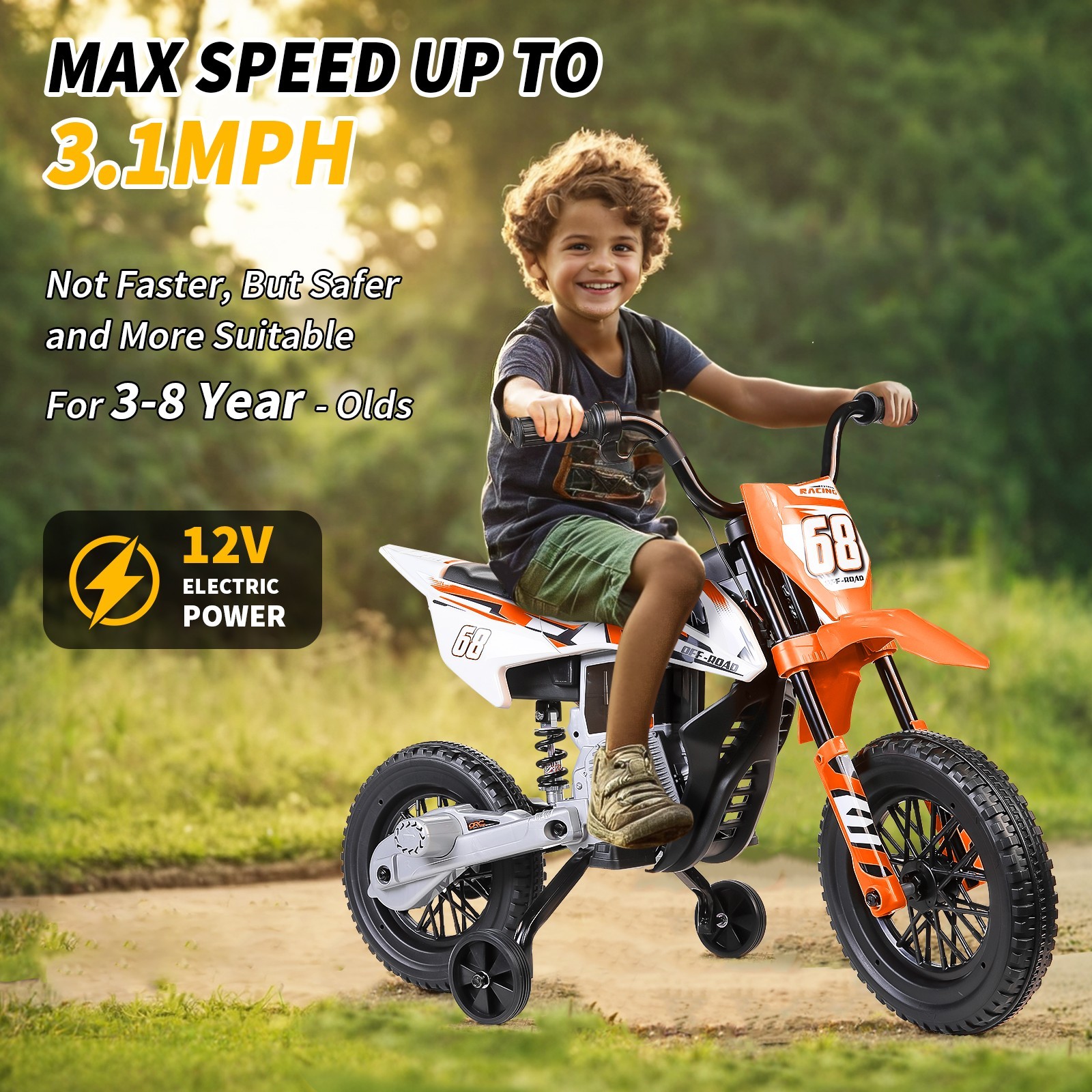 Electric Dirt Bike w/2 Training Wheels, Kids Ride on Motorcycle Holiday Gifts