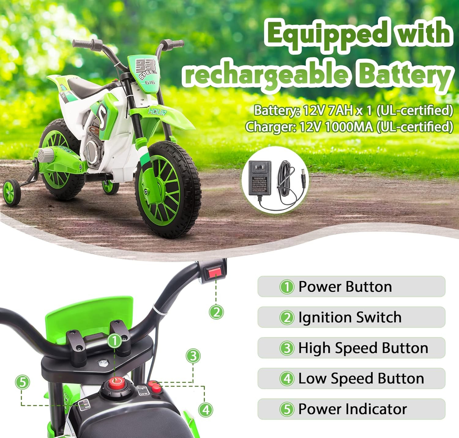 Electric Motorcycle for Kids 12V Dirt Bike Ride on Toy Battery Powered Motorbike