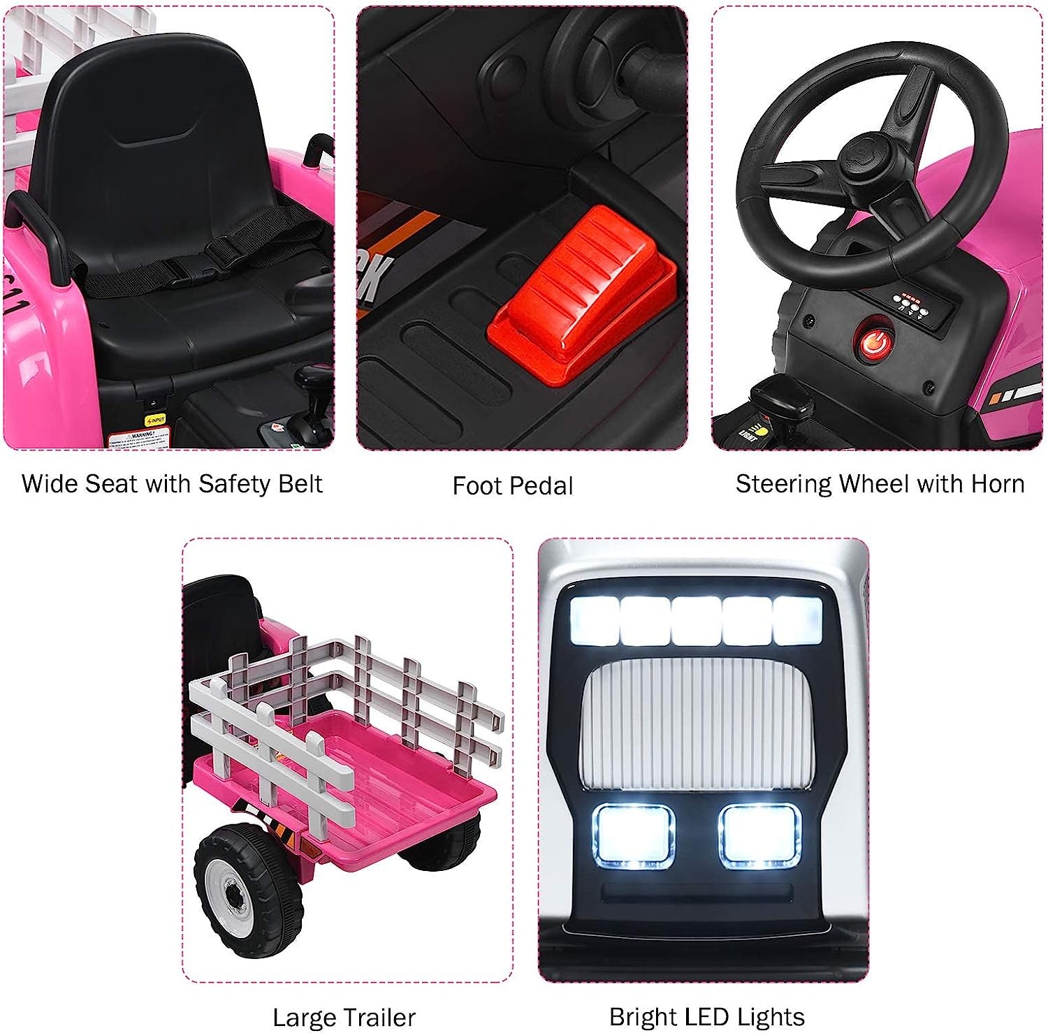 12V Kids Ride On Toys Tractor Battery Powered Electric Car with Trailer LED USB