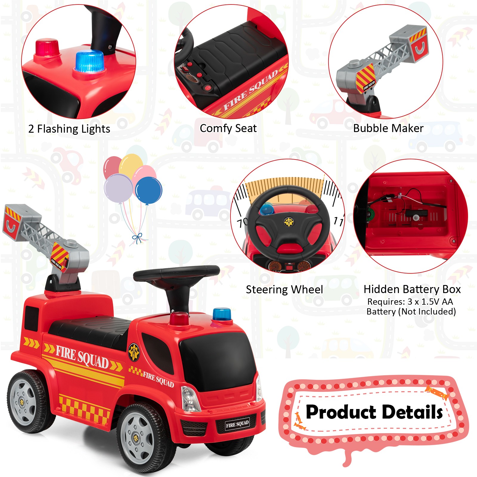 Kids Ride on Fire Truck with Bubble Maker Toddler Sliding Walking Push Car Red