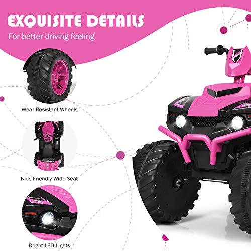 Kids ATV Battery Powered Electric Vehicle w/LED Lights, High & Low 12V Pink