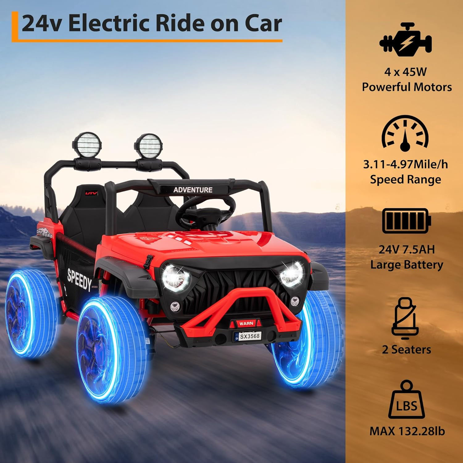 24V Ride on Car for Big Kids, Iron 2 Seater Ride on Toy, Fast 4.97MPH Truck, 4WD